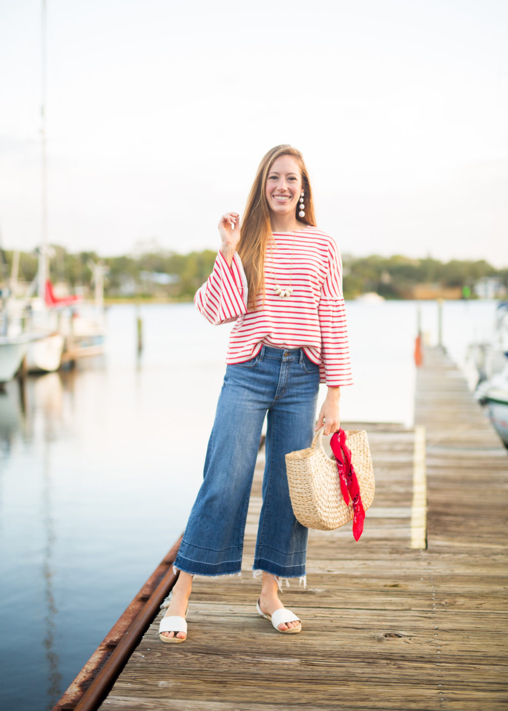 Classic Fall Outfit, Wearing Striped Top, Wide Leg Pants and Straw Bag | Sunshine Style