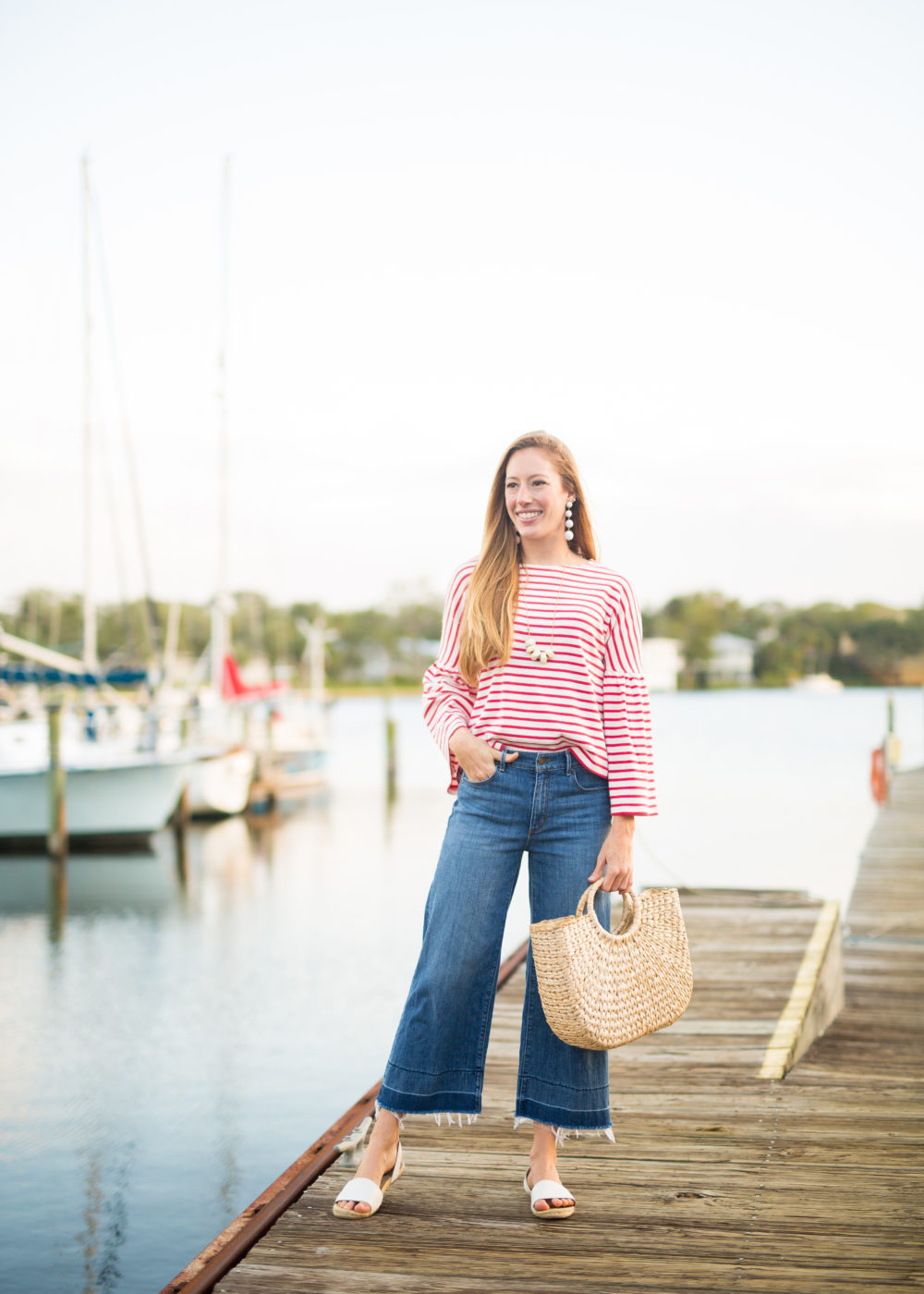 Classic Fall Outfit, Wearing Striped Top, Wide Leg Pants and Straw Bag | Sunshine Style