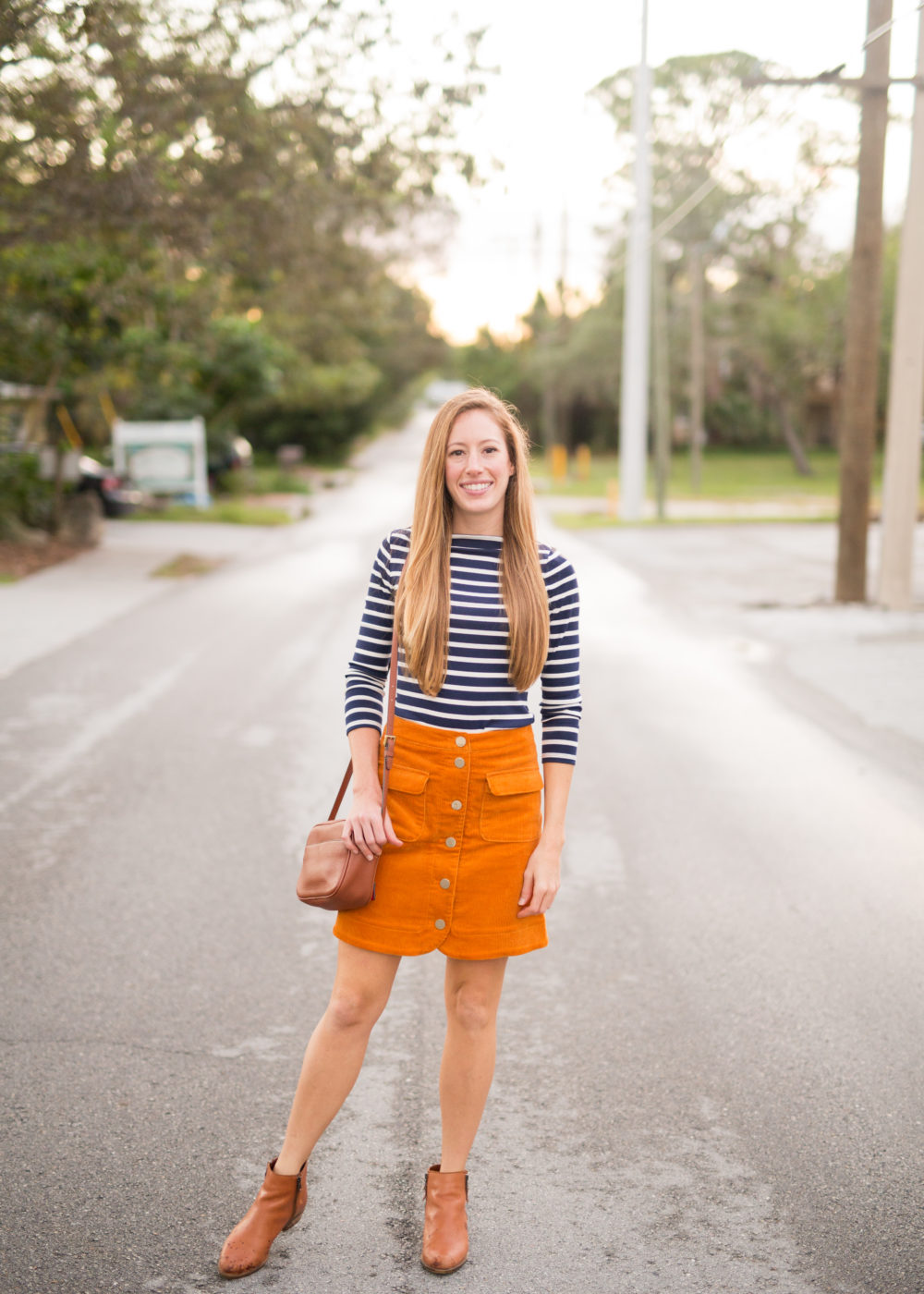 4 Must Have Fall Wardrobe Staples - Striped Shirt, Corduroy Skirt, Ankle Booties and Leather Bag | Sunshine Style