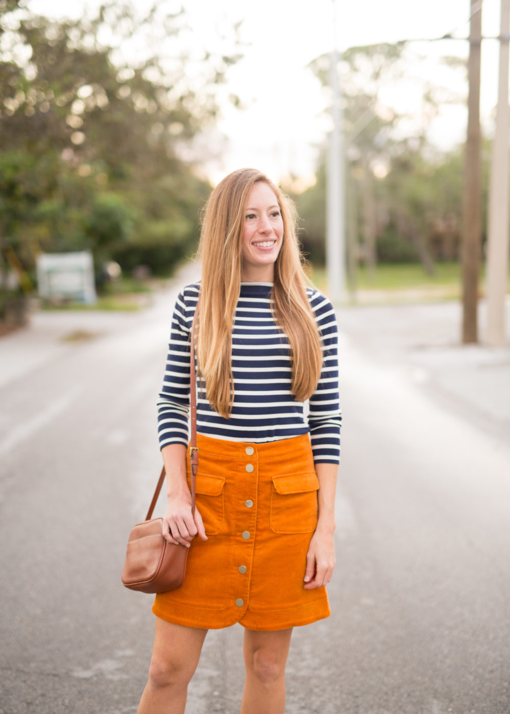 4 Must Have Fall Wardrobe Staples - Striped Shirt, Corduroy Skirt, Ankle Booties and Leather Bag | Sunshine Style