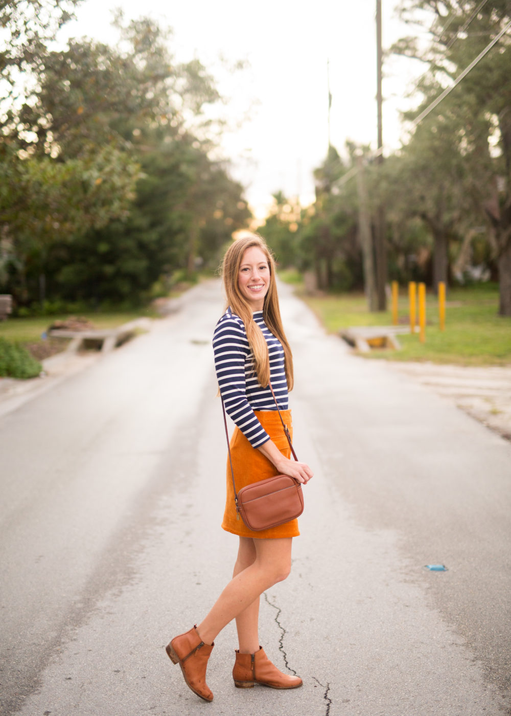 4 Must Have Fall Wardrobe Staples - Striped Shirt, Corduroy Skirt, Ankle Booties and Leather Bag | Sunshine Style