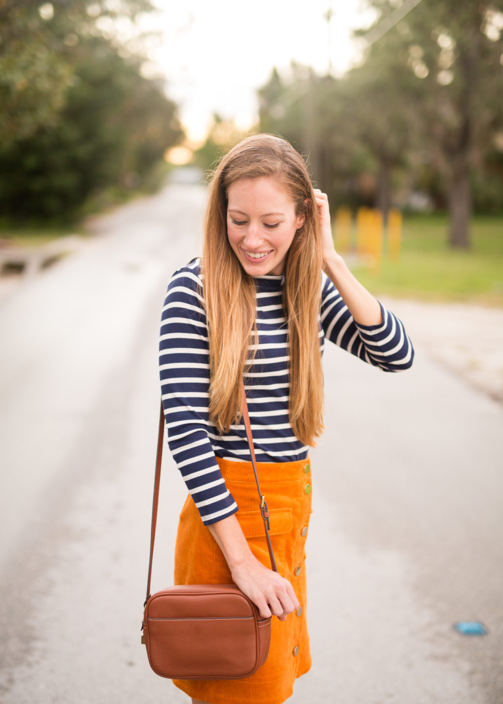 4 Must Have Fall Wardrobe Staples - Striped Shirt, Corduroy Skirt, Ankle Booties and Leather Bag | Sunshine Style