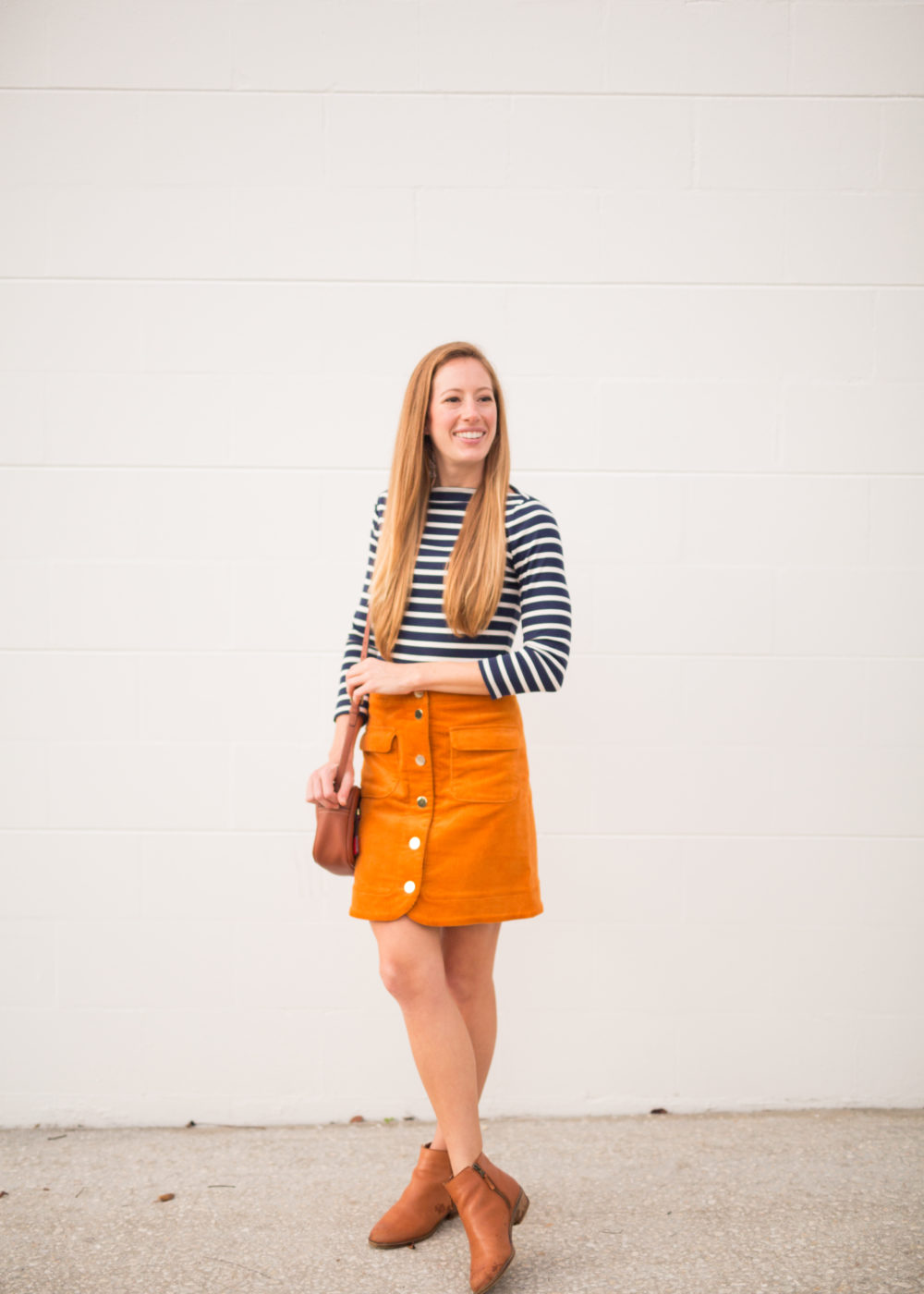 4 Must Have Fall Wardrobe Staples - Striped Shirt, Corduroy Skirt, Ankle Booties and Leather Bag | Sunshine Style