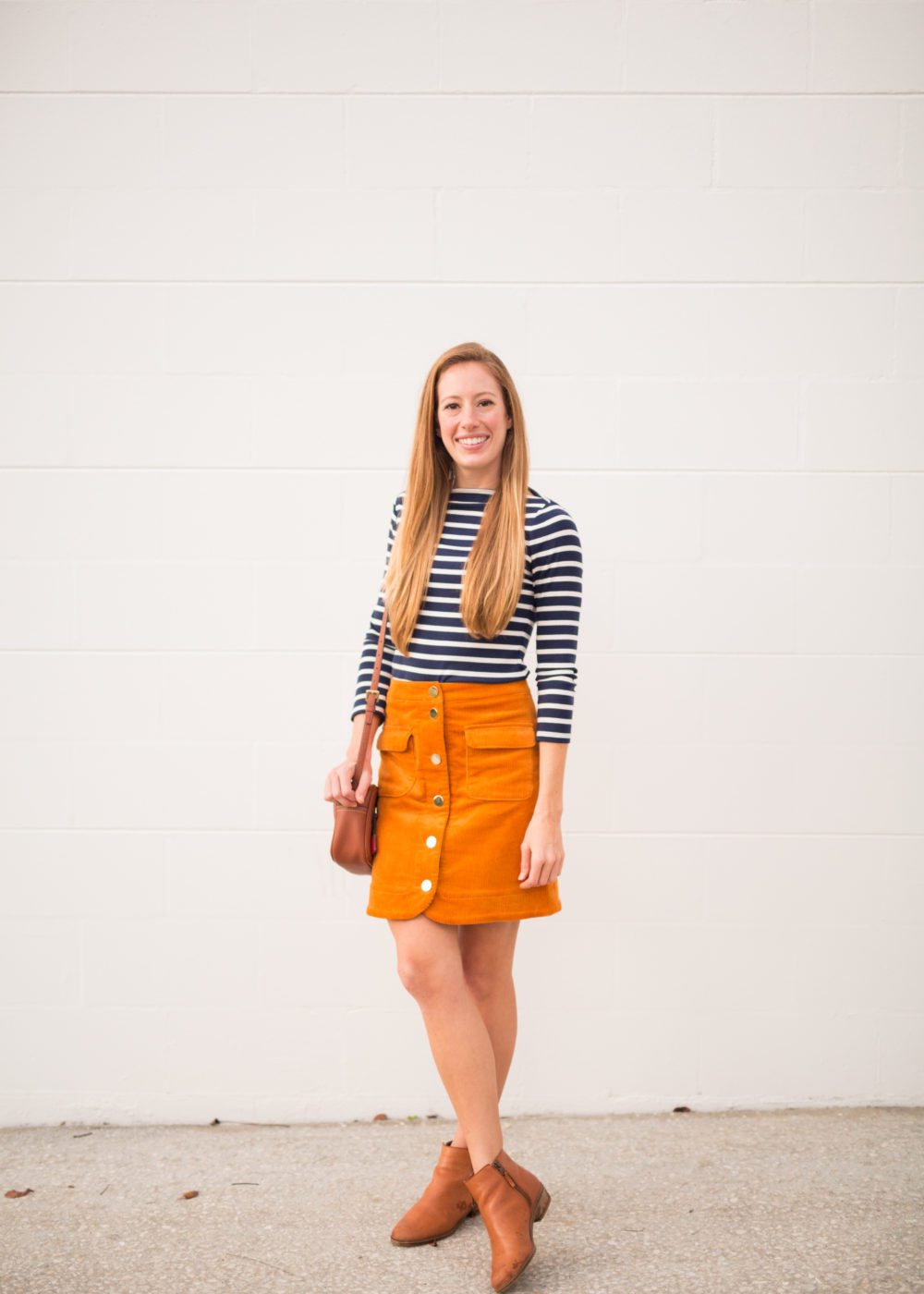 4 Must Have Fall Wardrobe Staples - Striped Shirt, Corduroy Skirt, Ankle Booties and Leather Bag | Sunshine Style