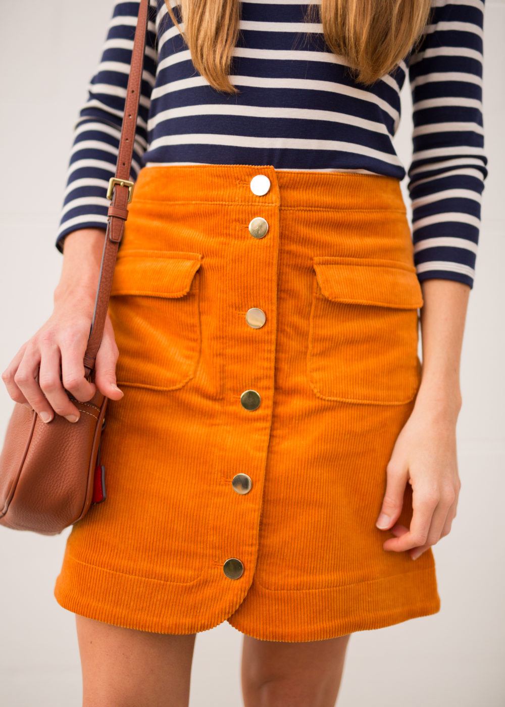 4 Must Have Fall Wardrobe Staples - Striped Shirt, Corduroy Skirt, Ankle Booties and Leather Bag | Sunshine Style