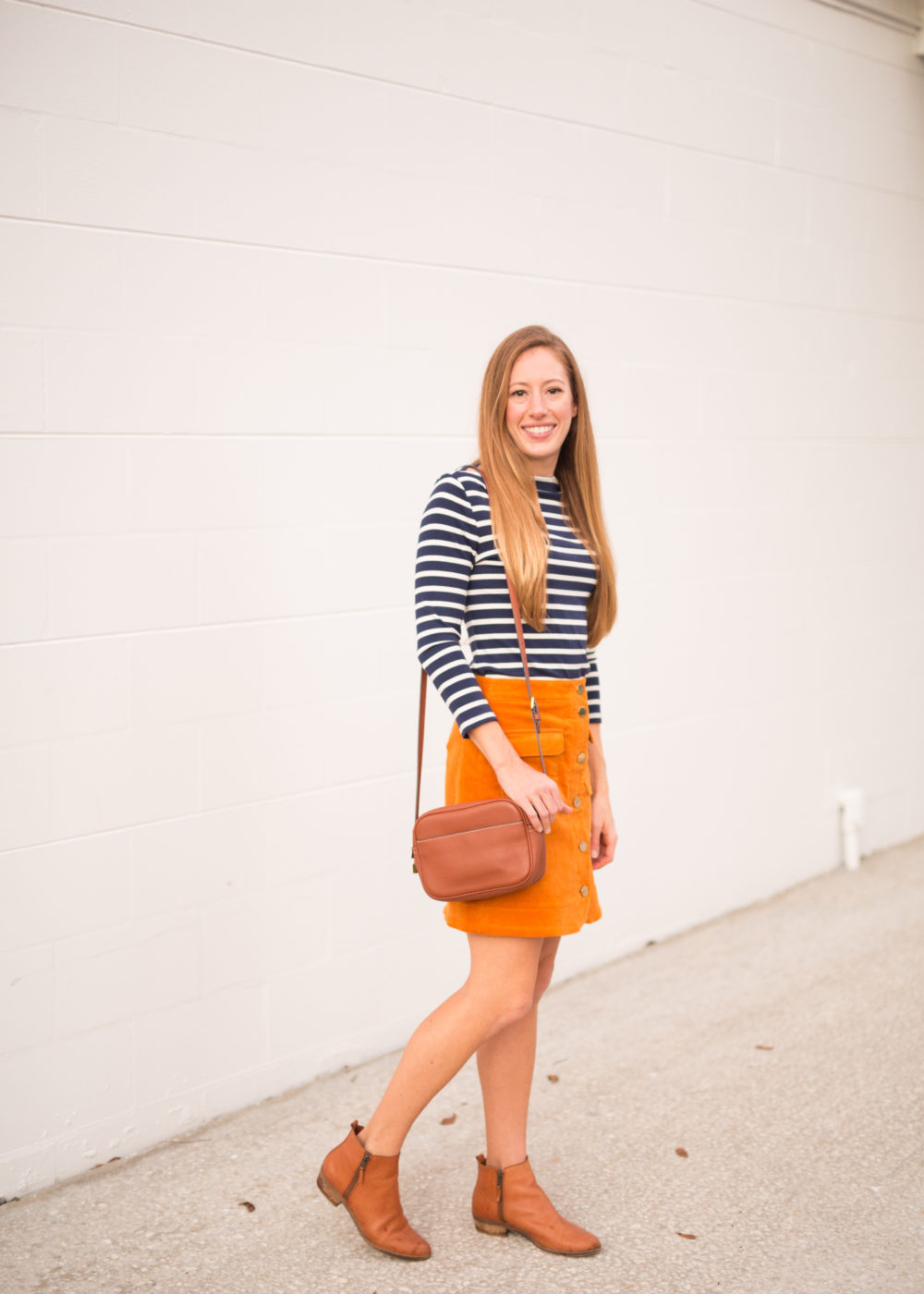 4 Must Have Fall Wardrobe Staples - Striped Shirt, Corduroy Skirt, Ankle Booties and Leather Bag | Sunshine Style