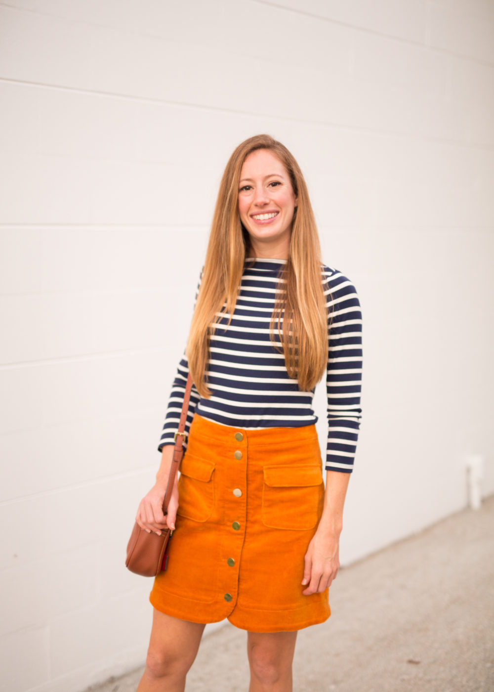 4 Must Have Fall Wardrobe Staples - Striped Shirt, Corduroy Skirt, Ankle Booties and Leather Bag | Sunshine Style