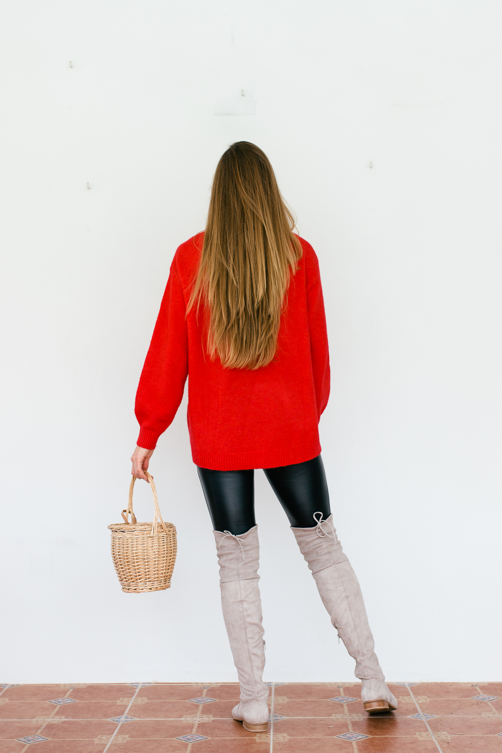 The Secret to Styling Faux-Leather Pants in the Winter - Red Sweater with Over the Knee Boots