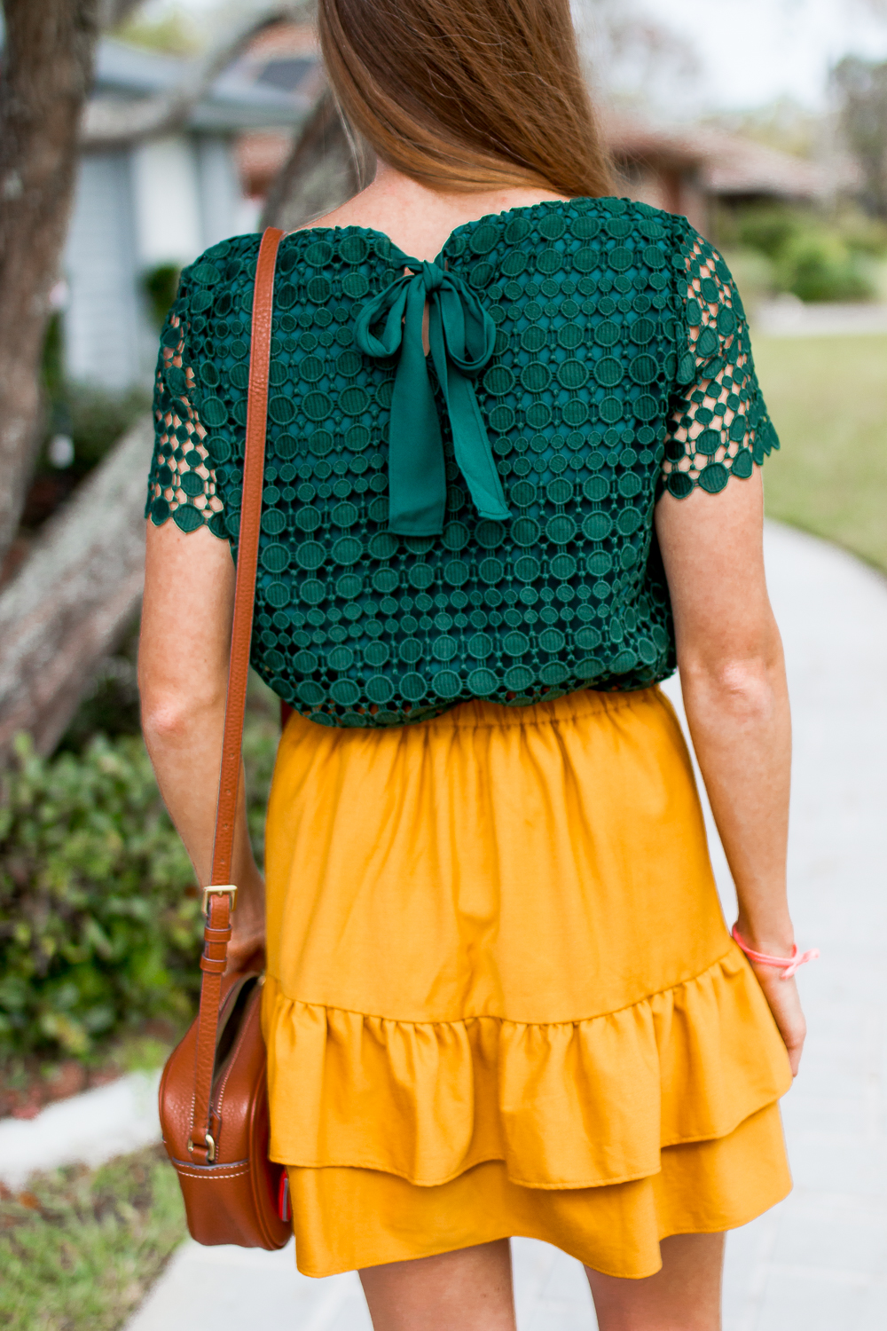 Mixing and Matching Seasonal Colors into Your Wardrobe | How to Dress for Fall | How to Incorporate Fall Colors in Your Wardrobe | Fall Outfit Ideas 2018 | Mustard Ruffle Skirt | Emerald Top with Bow Tie - Sunshine Style