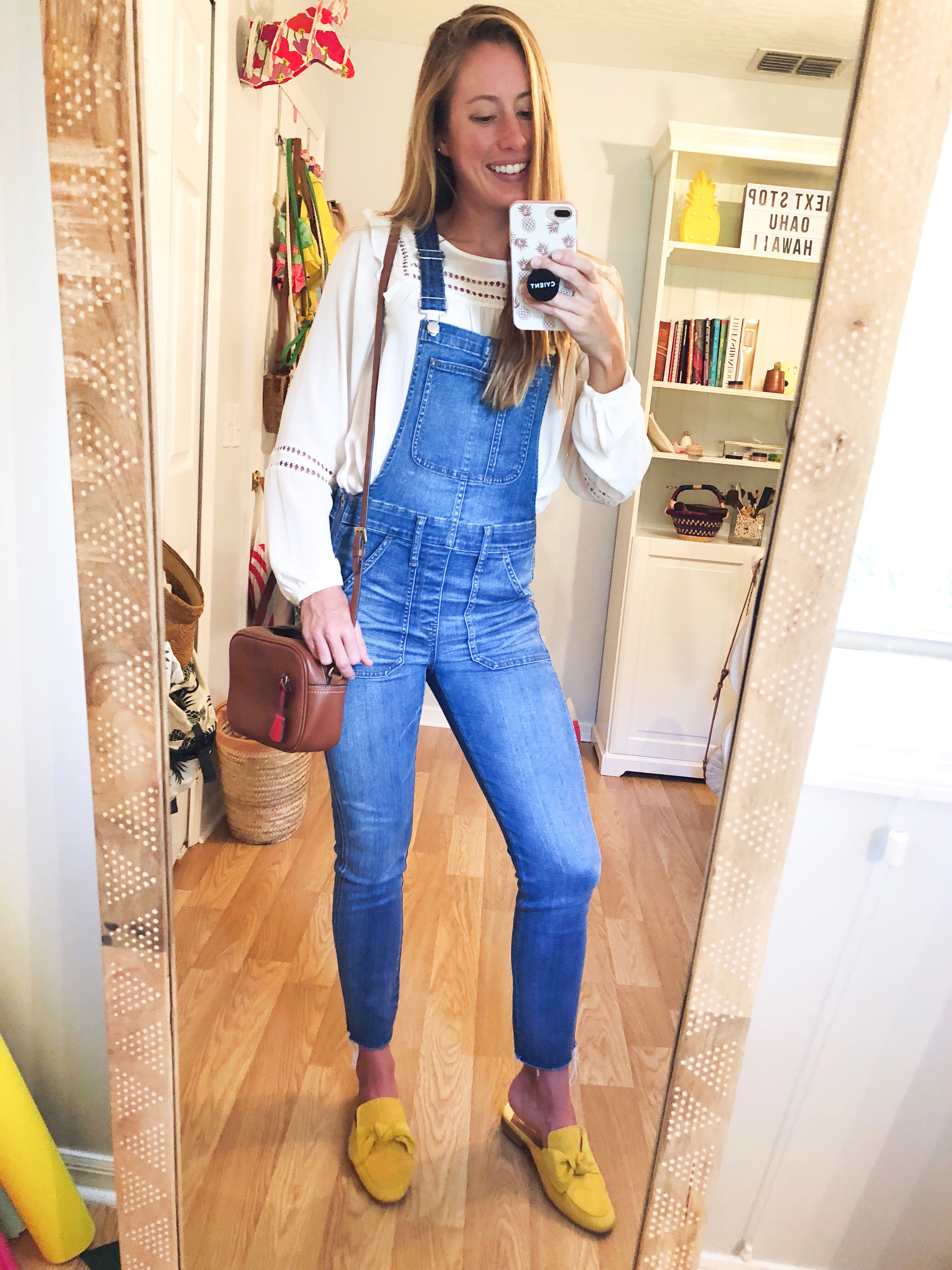 3 Ways to Style Overalls for Fall - Striped Top, Colored Sweater and a Blouse | Sunshine Style