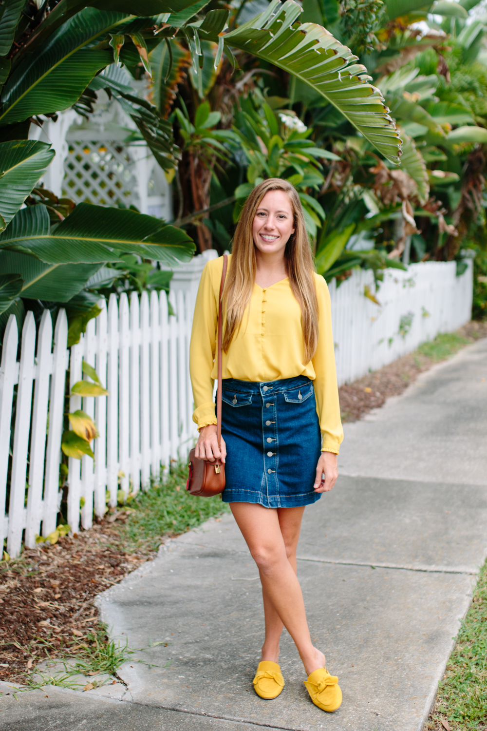 Denim skirt store and yellow top