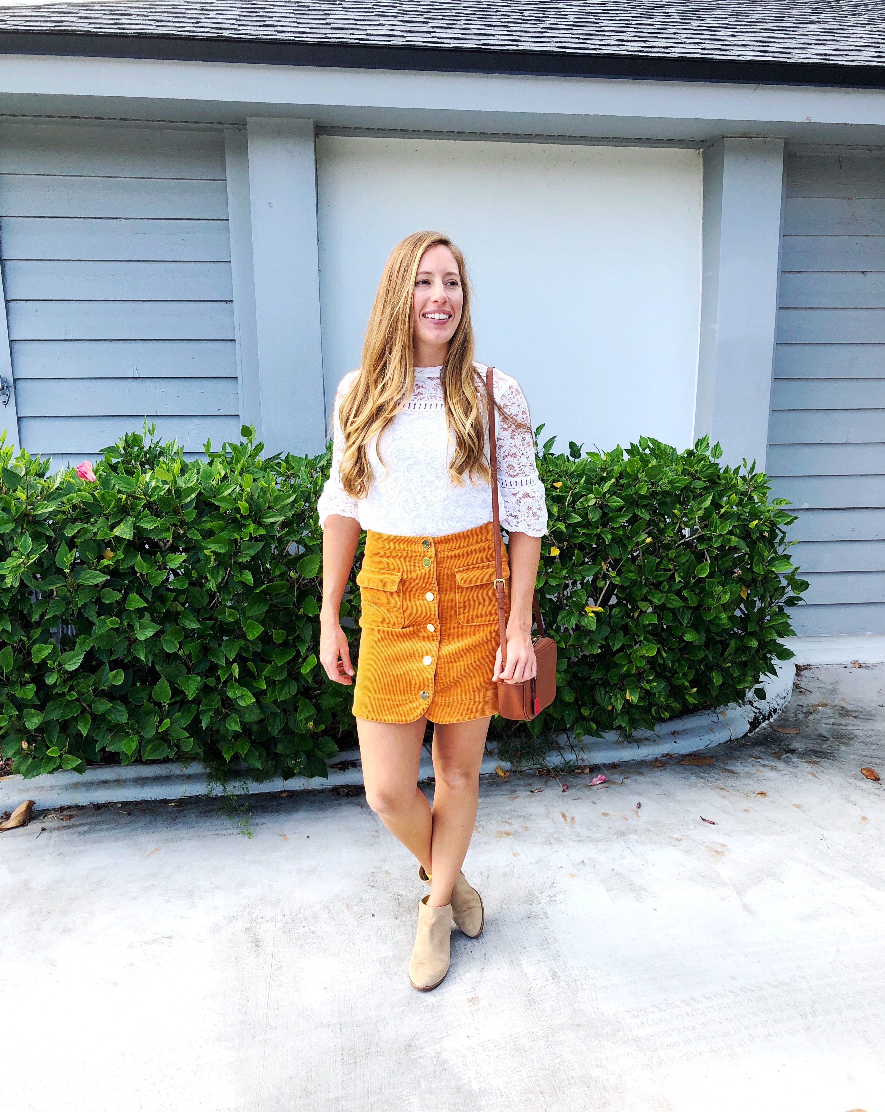 How to Style a Lace Top for Fall | How to Wear a Lace Top for Fall | Suede Skirt | Corduroy Skirt | How to Dress for Fall in Warm Weather |Fall Outfit Idea - Sunshine Style