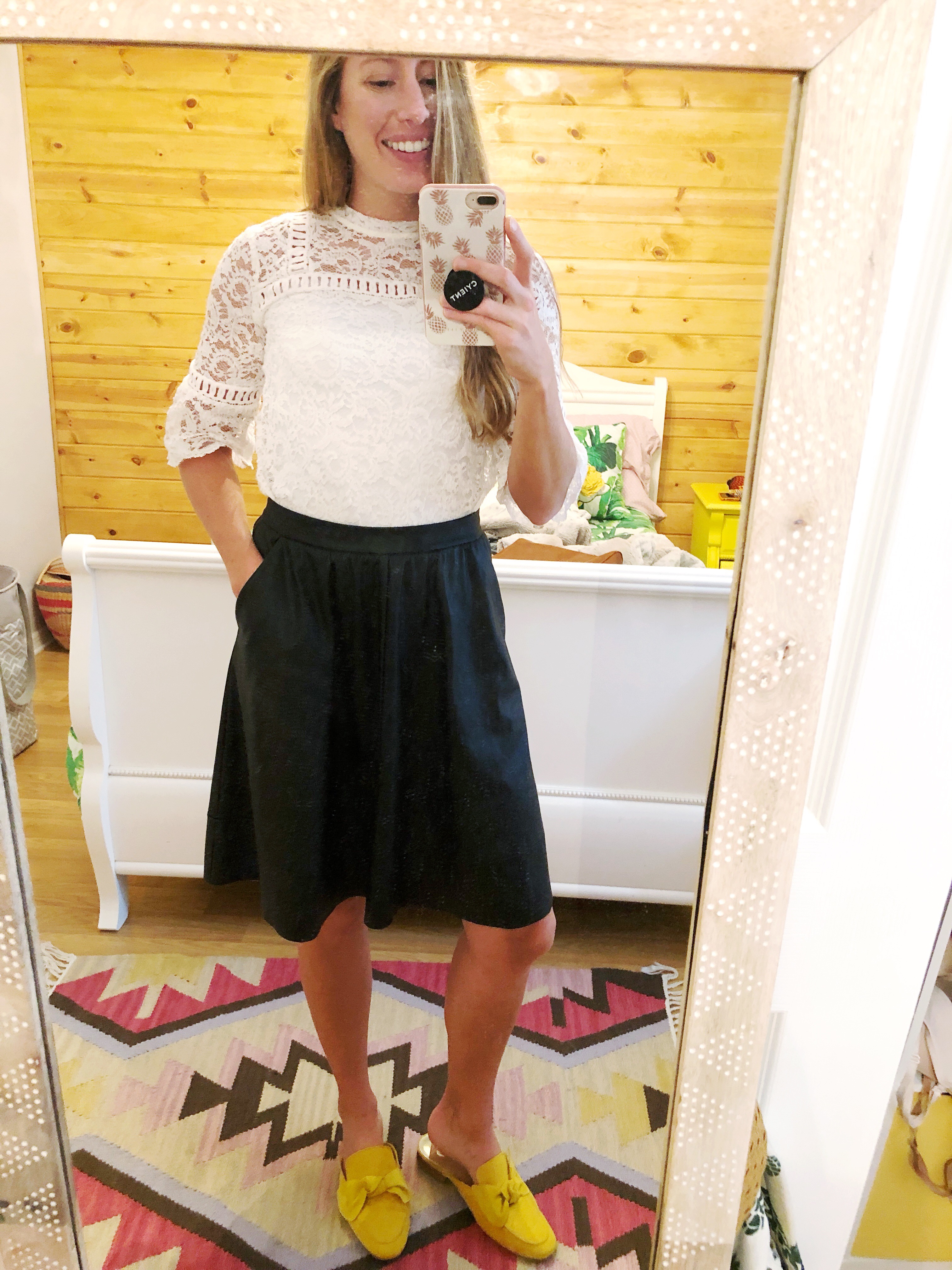How to Style a Lace Top for Fall | How to Wear a Lace Top for Fall | Suede Skirt | Corduroy Skirt | How to Dress for Fall in Warm Weather | Fall Outfit Idea | Casual Fall Outfit | Lace Top, Black Leather Skirt, Yellow Backless Loafers - Sunshine Style, Florida Fashion Blog