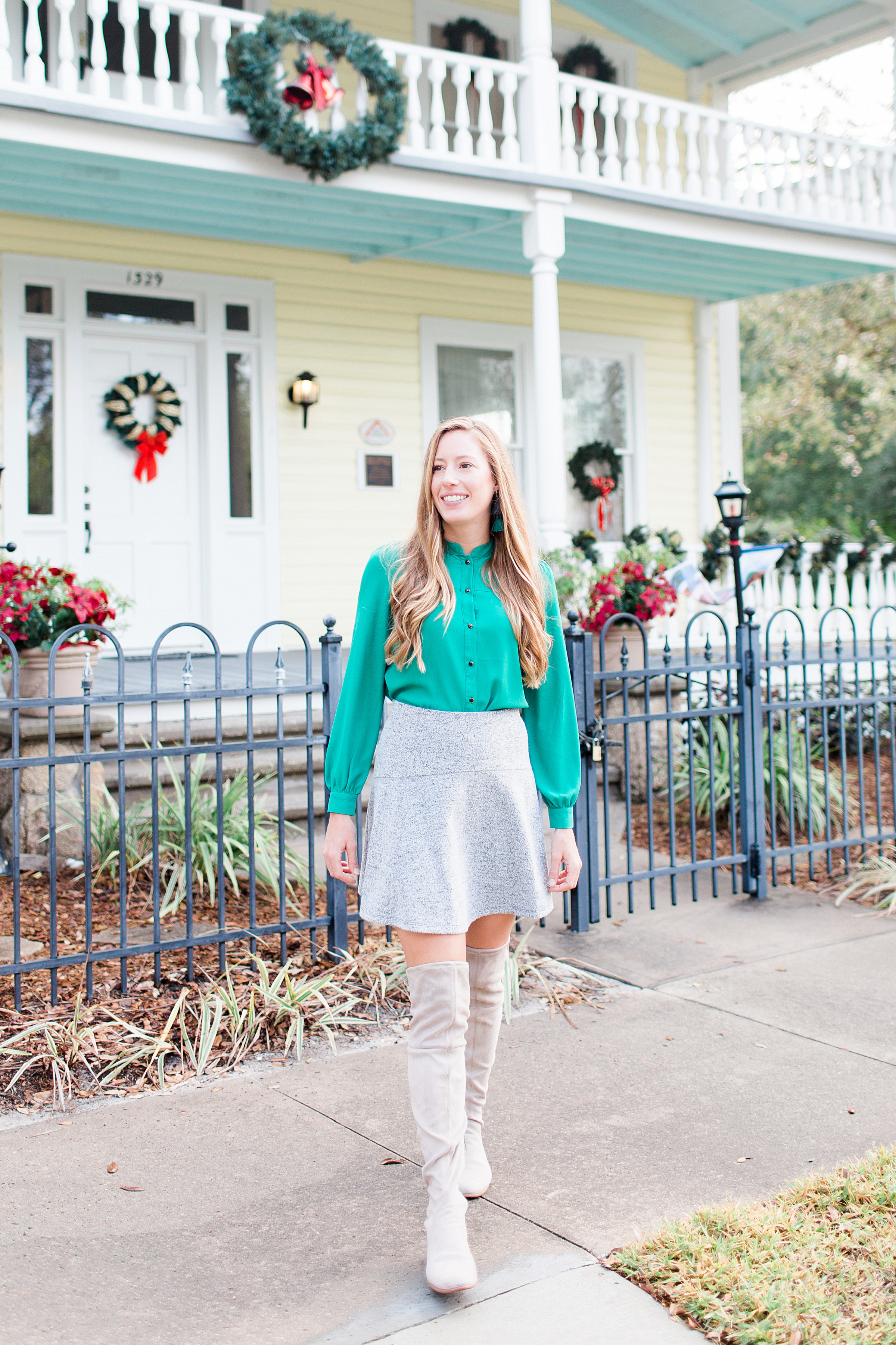 Festive Christmas Party Outfit // What to Wear for a Christmas Party // Christmas Day Outfit // Green Blouse // Grey Over the Knee Boots // LOFT Swing Skirt - More on www.sunshinestyleblog.com