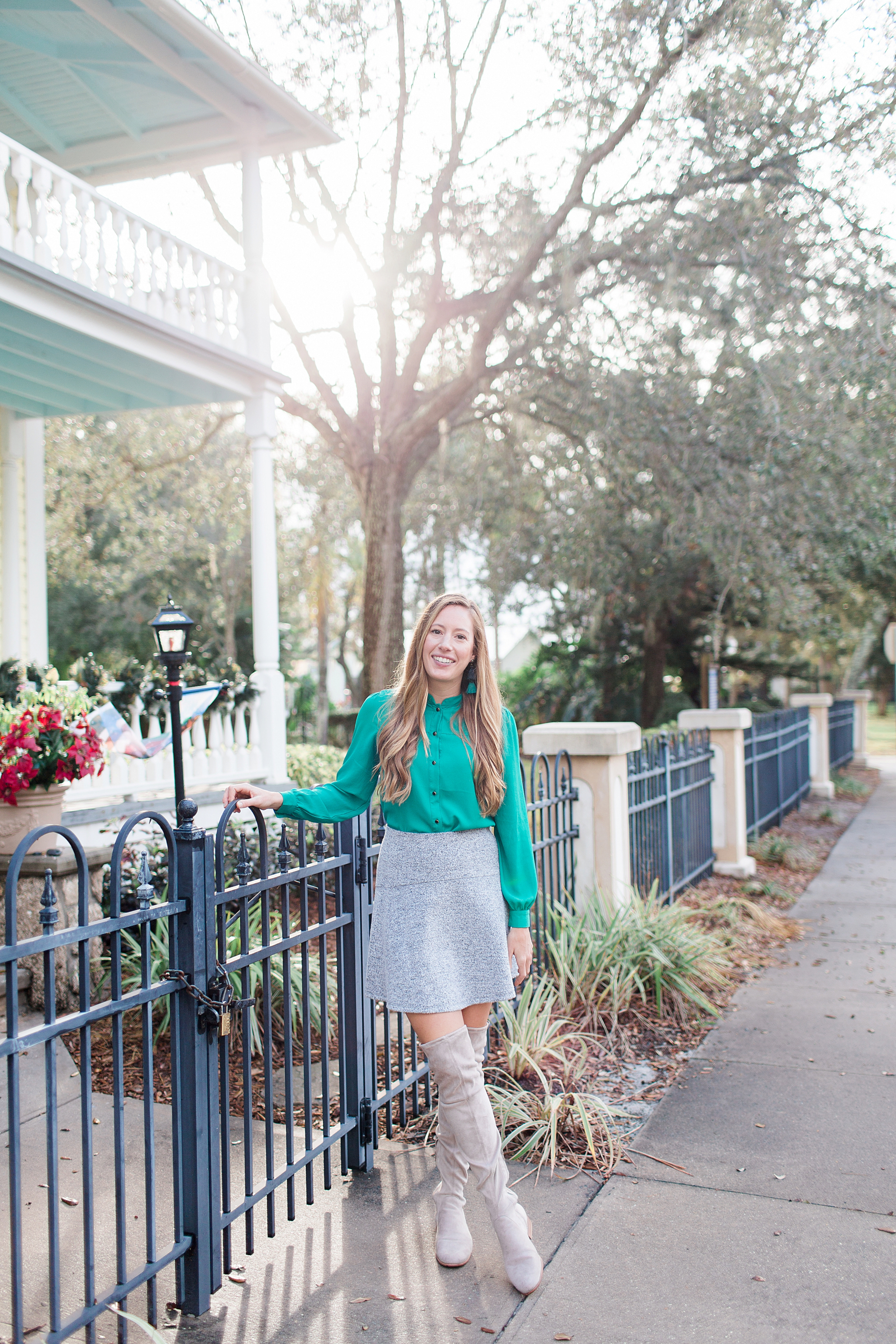 Festive Christmas Party Outfit // What to Wear for a Christmas Party // Christmas Day Outfit // Green Blouse // Grey Over the Knee Boots // LOFT Swing Skirt - More on www.sunshinestyleblog.com