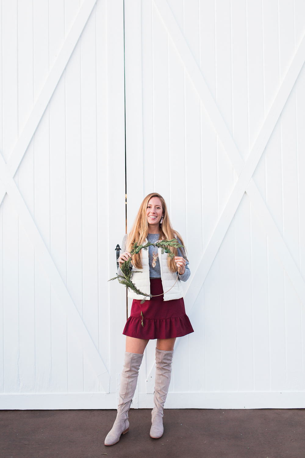 7 Winter Outfit Ideas for Warm Weather / Winter Outfit Inspiration / Burgundy Skirt / Grey Over the Knee Boots 