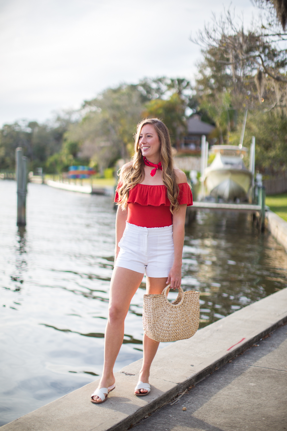 A Classic Red and White Memorial Day Weekend Outfit /  What to Wear on Memorial Day / Memorial Day Outfit Inspiration / What to Wear in the Summer / Classic Summer Outfit / J.Crew White Shorts / Red J.Crew Factory Bodysuit