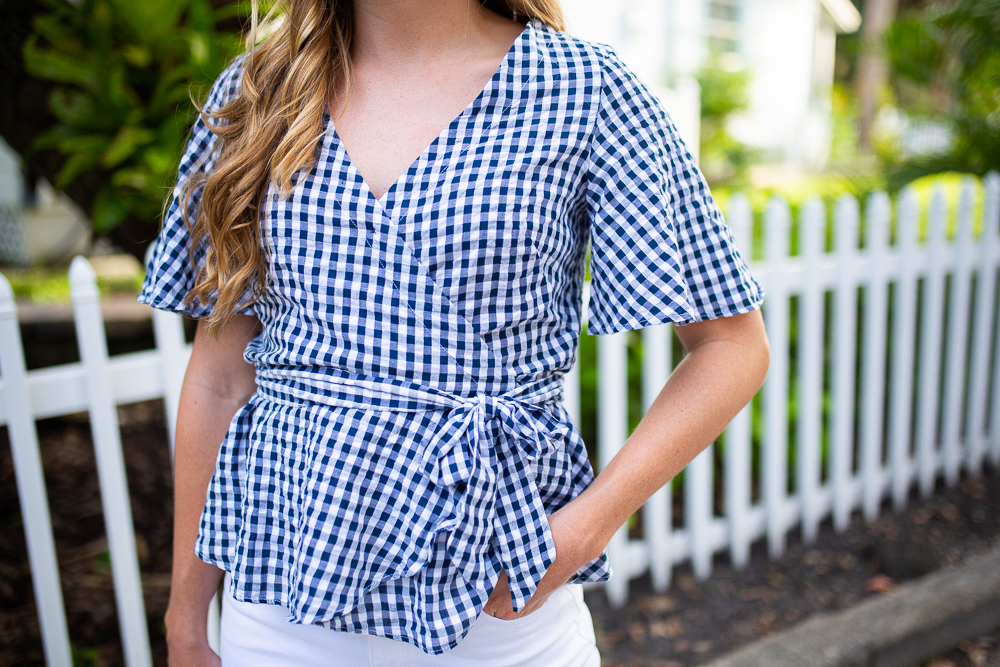 Classic Blue and White End of Summer Outfit / How to Style Wide Leg Pants / How to Style a Wrap Top / Summer Outfit Inspiration / Coastal Outfit Inspiration / Gingham Wrap Top / White Casual Wide Leg Pants / Backless Mules / Straw Bag - Sunshine Style