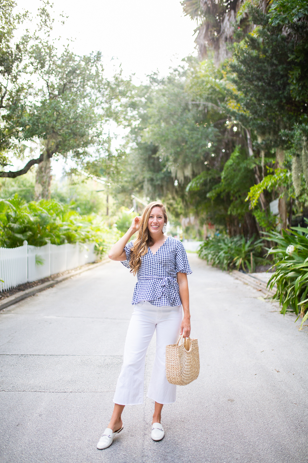 Classic Blue and White End of Summer Outfit / How to Style Wide Leg Pants / How to Style a Wrap Top / Summer Outfit Inspiration / Coastal Outfit Inspiration / Gingham Wrap Top / White Casual Wide Leg Pants / Backless Mules / Straw Bag - Sunshine Style