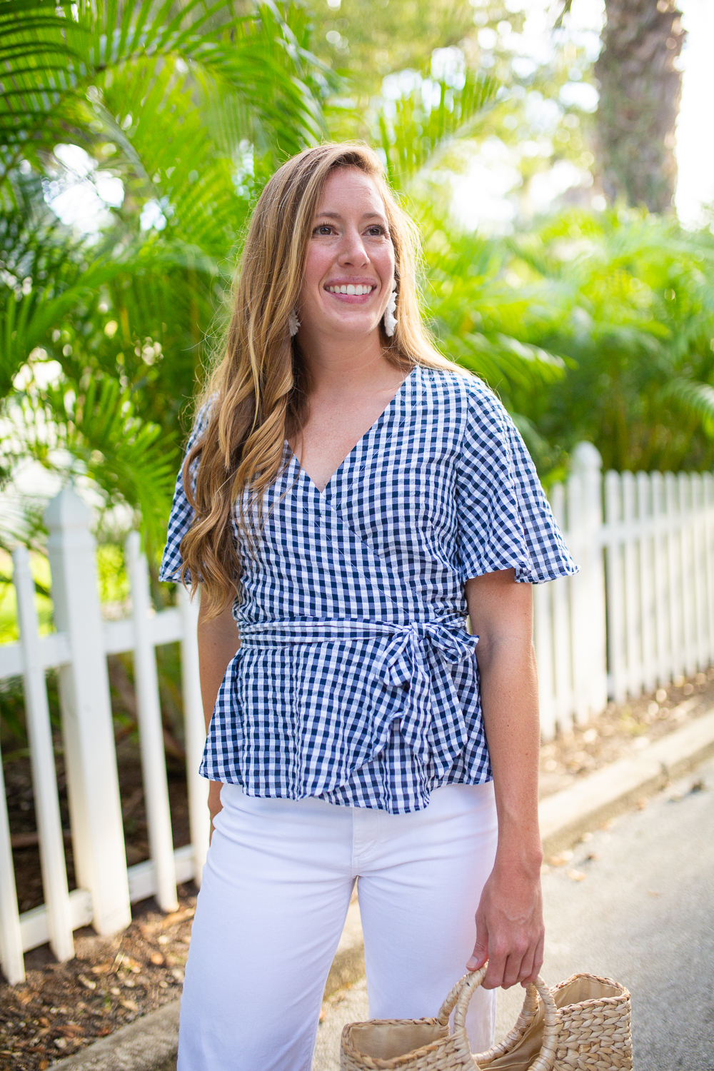 Classic Blue and White End of Summer Outfit / How to Style Wide Leg Pants / How to Style a Wrap Top / Summer Outfit Inspiration / Coastal Outfit Inspiration / Gingham Wrap Top / White Casual Wide Leg Pants / Backless Mules / Straw Bag - Sunshine Style