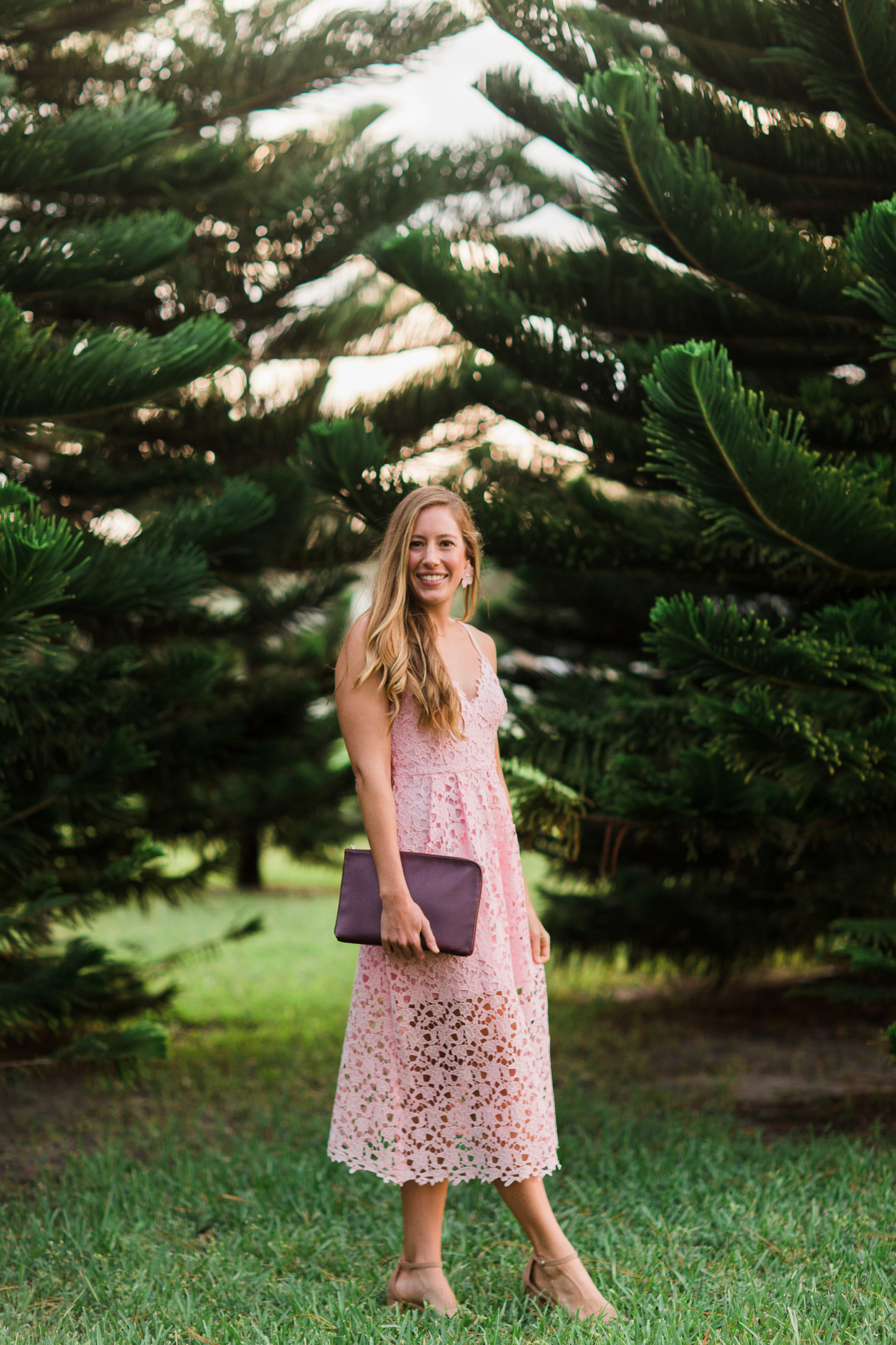 A Beautiful Lace Wedding Guest Dress for Spring / Spring Wedding Guest Dress / Pink Lace Midi Dress / Low-cut pink dress / Wedding Guest Dress Ideas / Block Heels / Cocktail Wedding Guest Dress - Sunshine Style, Florida Based Fashion Blog #springweddingguestdress