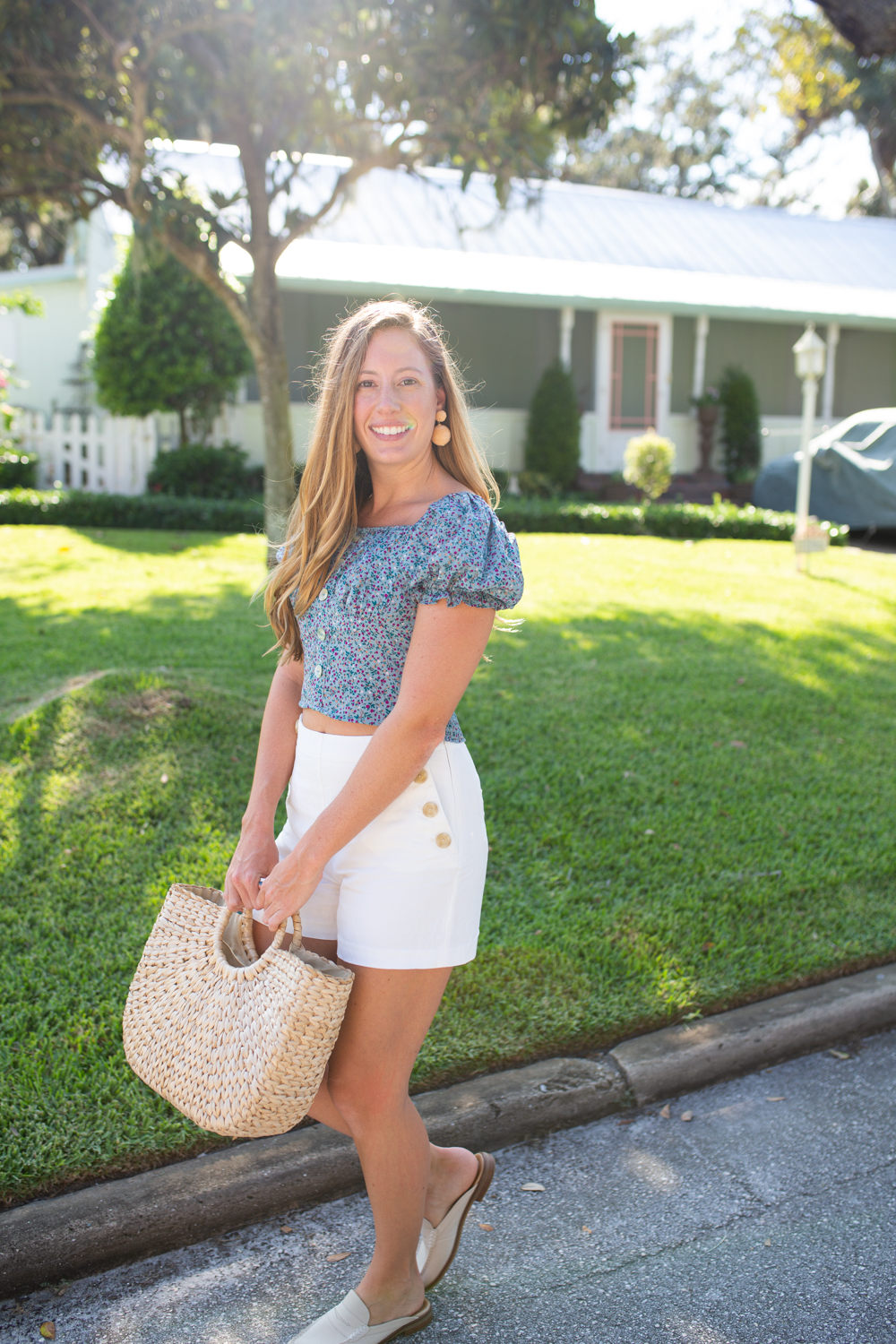 Puff Sleeve Floral Top / Summer Outfit Inspiration / Pretty Outfit / Preppy Style / Classic White Shorts / Sailor Style / Casual Summer Outfit - Sunshine Style, A Florida Fashion and Lifestyle Blog #preppy #fashion #summer #summerstyle #summeroutfit #coastal