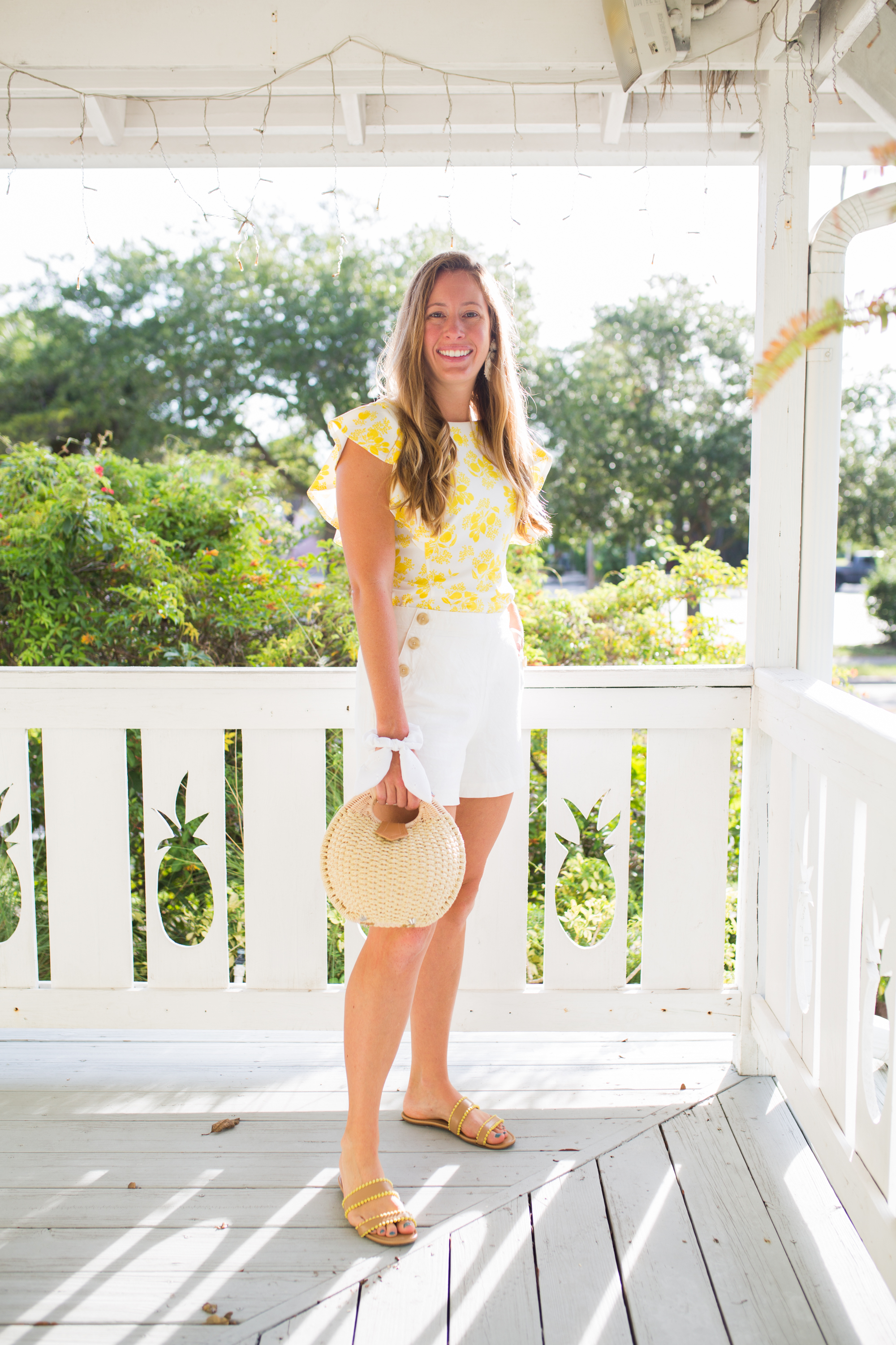 Blue and White Floral Scrunchie / White Eyele Hair Tie / Bow Hair Scrunchie / Hair Accessory / Straw Bag / Classic Shorts / White Shorts / Casual Summer Outfit / Summer Sandals / Yellow Top - Sunshine Style