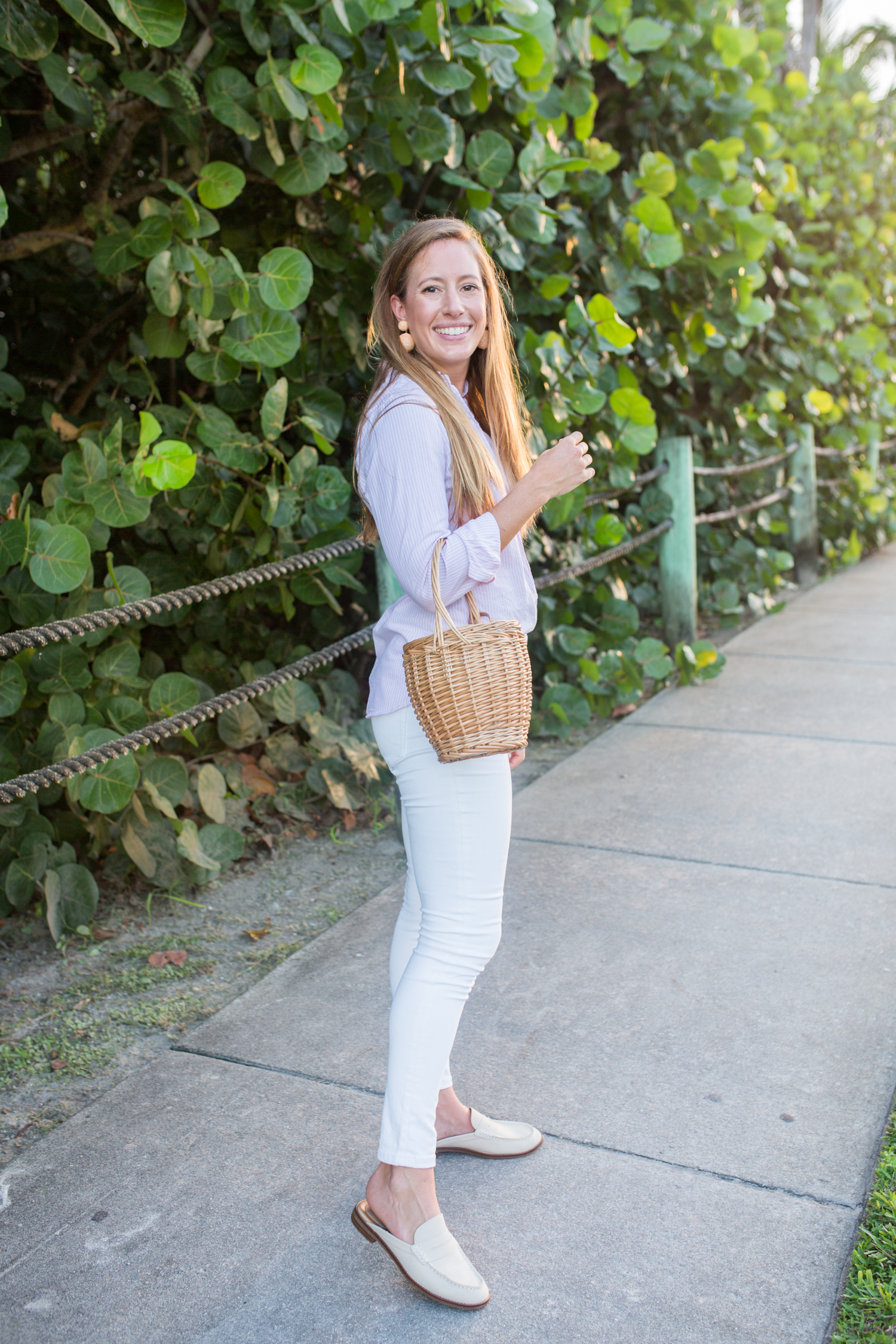 Striped Button Down Oxford Top / Fall Outfit Inspiration / Preppy Outfit 
/ White Skinny Jeans / Sperry Mules / Loafers / Early Fall Outfit / Fall Transition Outfit - Sunshine Style, A Preppy Fashion and Coastal Lifestyle blog by Katie