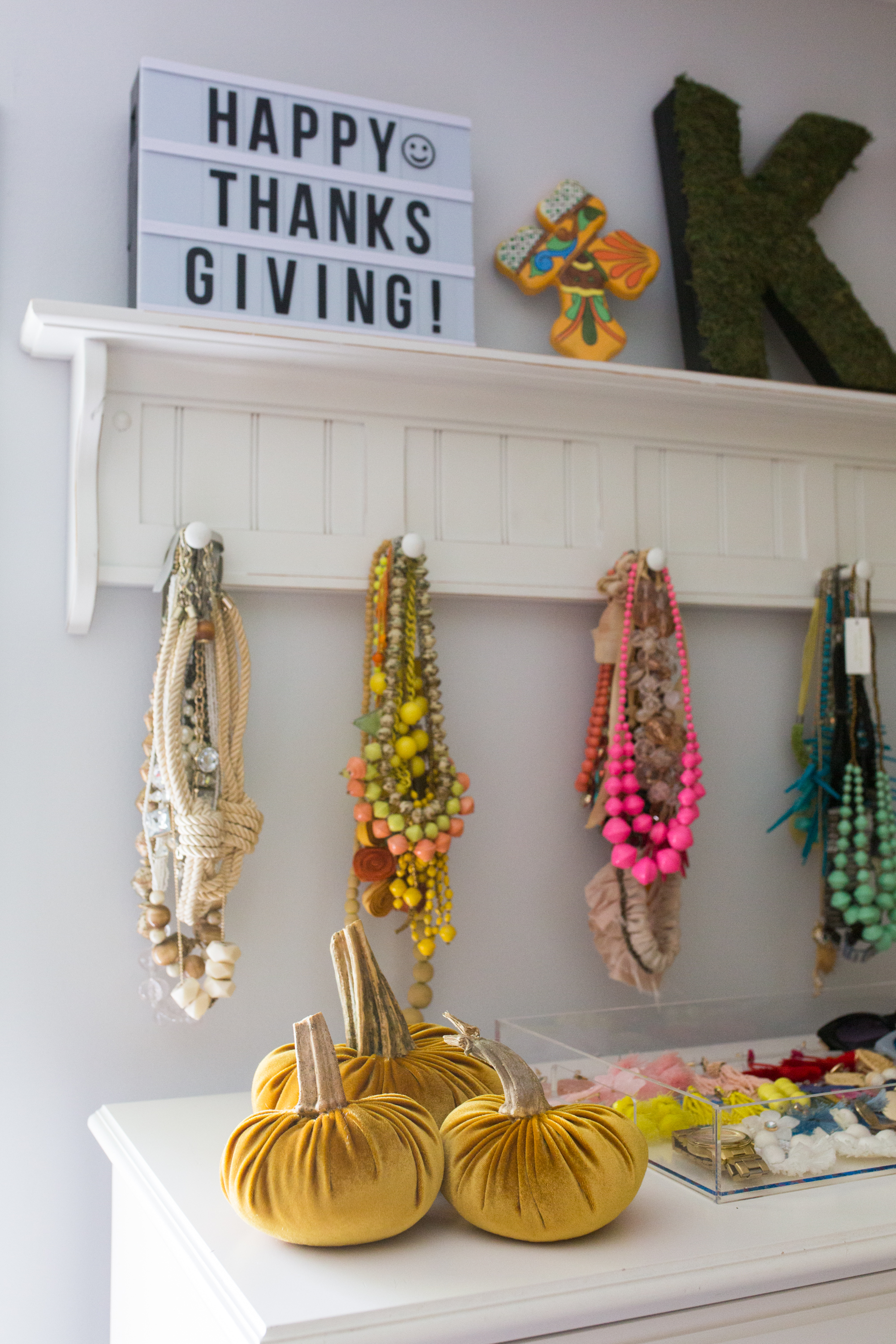 display of DIY Velvet Pumpkins, necklaces and other accessories 