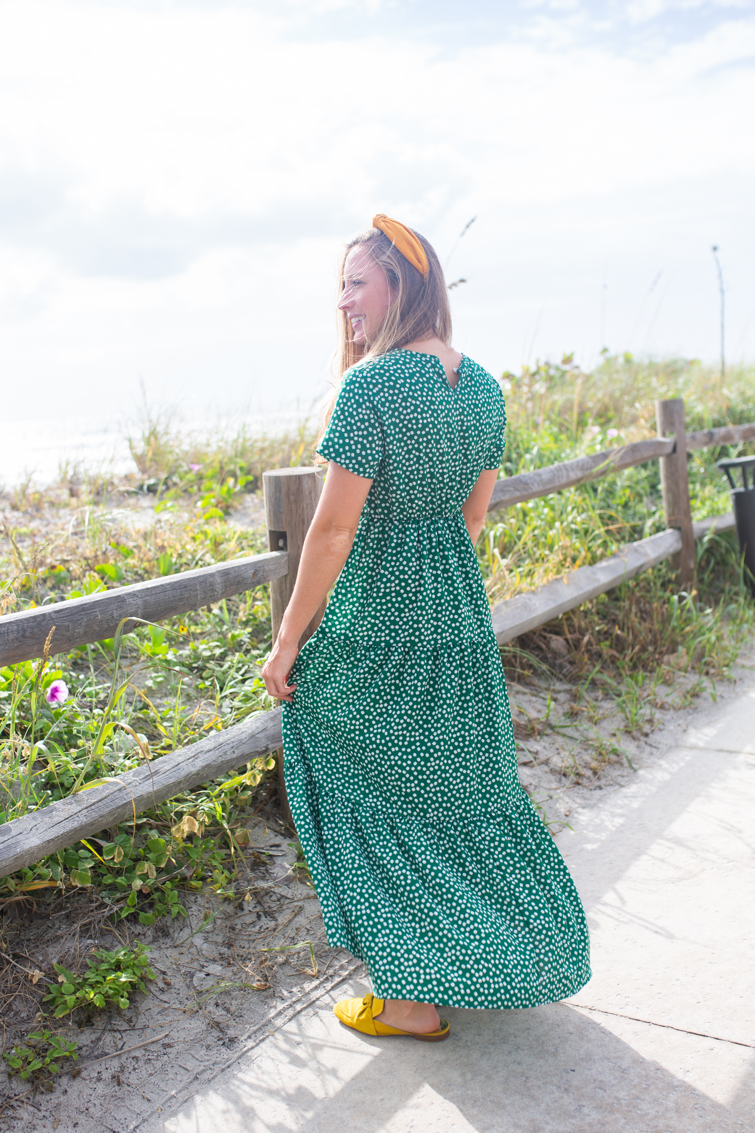 What to Wear This Fall When It's Still Warm Out / Fall Dress Outfit / Fall Dress Casual / Green Maxi Dress / Emerald Dress / Yellow Accessories / Cute Fall Dresses / Autumn Outfits - Sunshine Style, A Florida Fashion and Lifestyle Blog by Katie