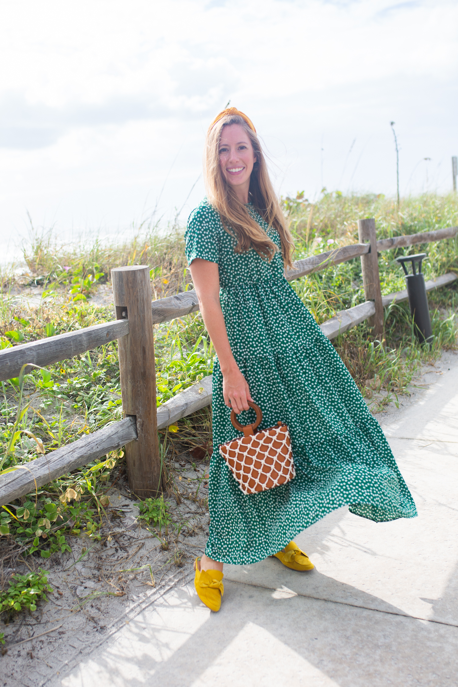 What to Wear This Fall When It's Still Warm Out / Fall Dress Outfit / Fall Dress Casual / Green Maxi Dress / Emerald Dress / Yellow Accessories / Cute Fall Dresses / Autumn Outfits - Sunshine Style, A Florida Fashion and Lifestyle Blog by Katie