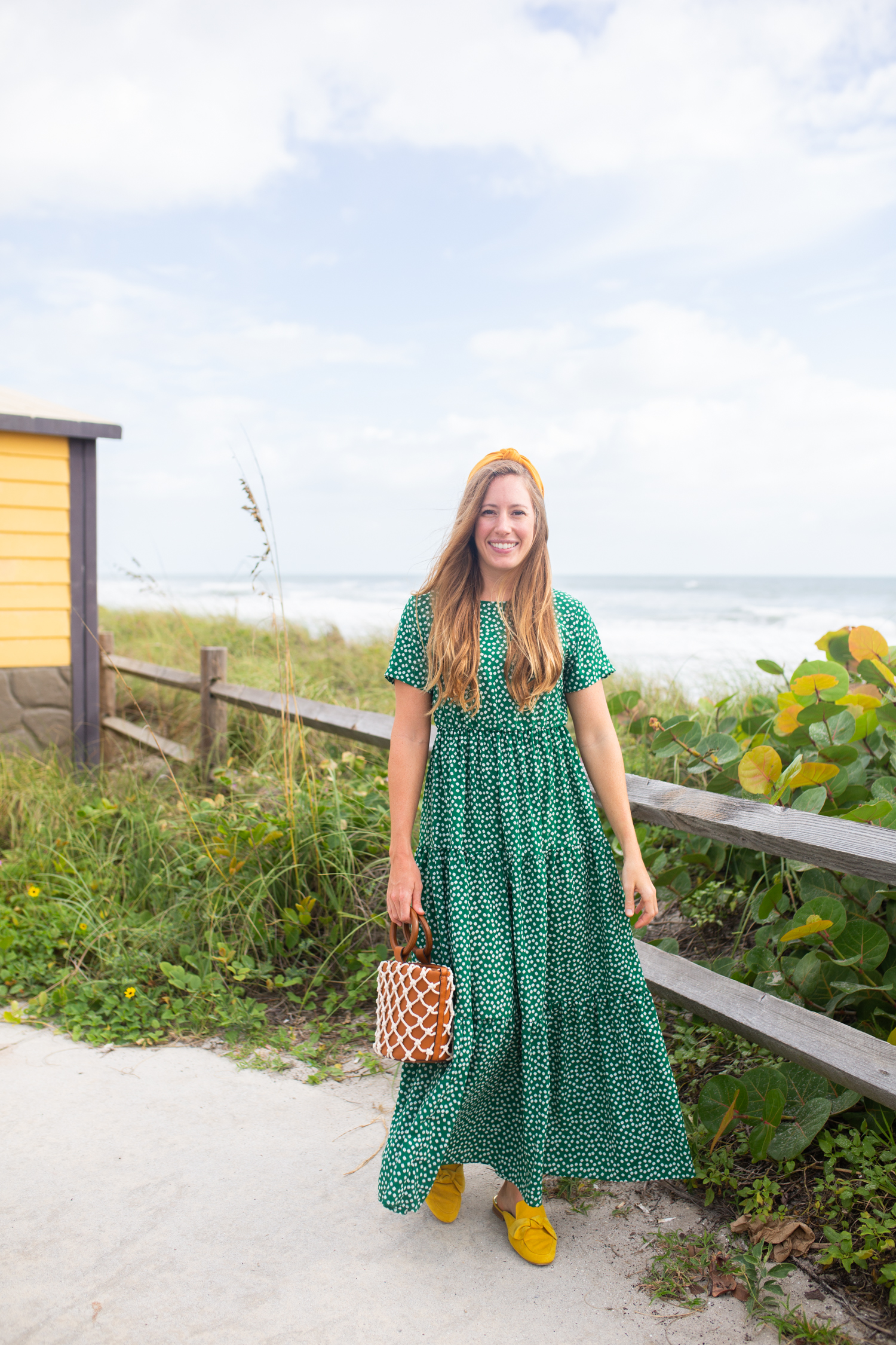 What to Wear This Fall When It's Still Warm Out / Fall Dress Outfit / Fall Dress Casual / Green Maxi Dress / Emerald Dress / Yellow Accessories / Cute Fall Dresses / Autumn Outfits - Sunshine Style, A Florida Fashion and Lifestyle Blog by Katie