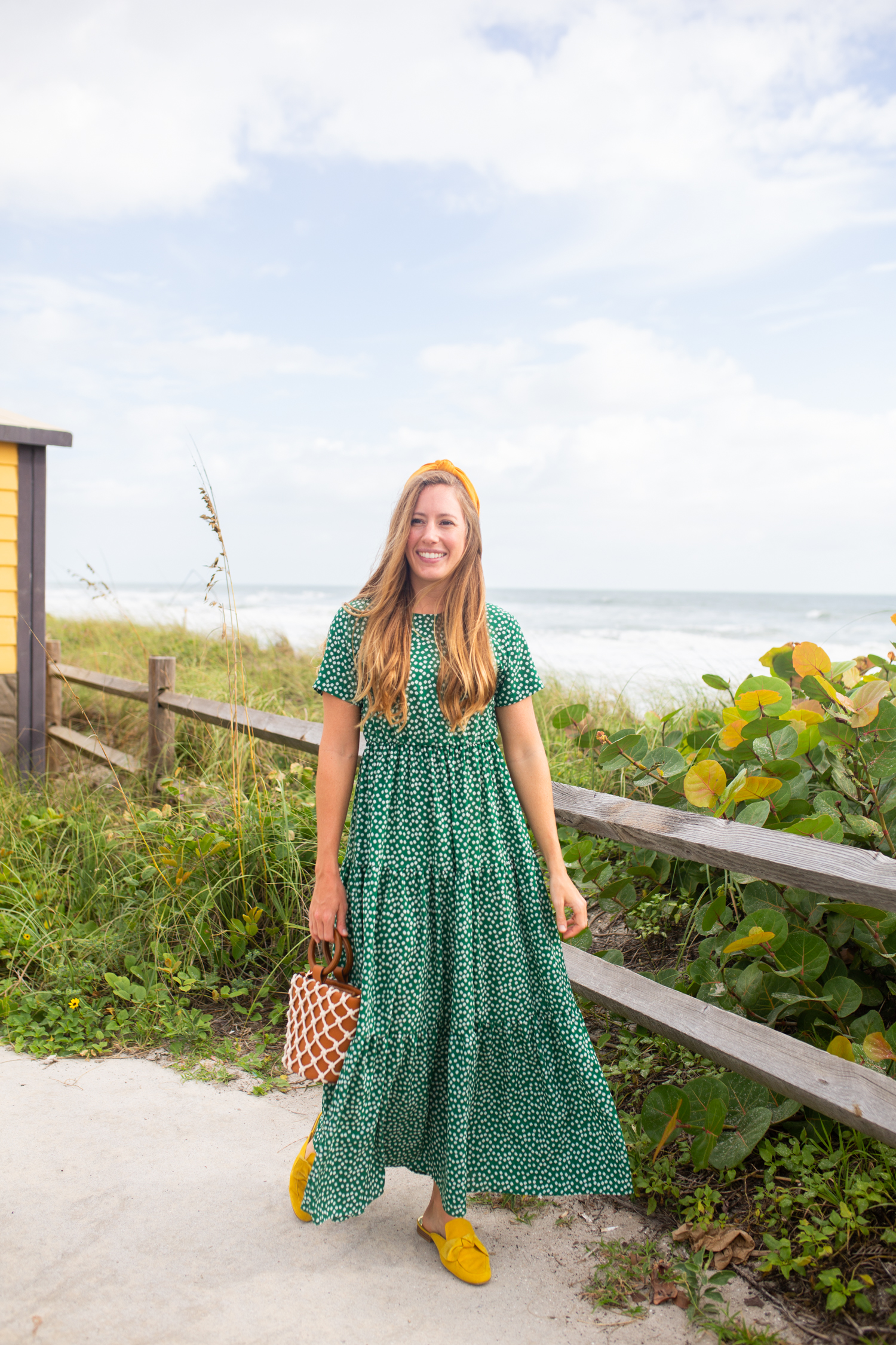 What to Wear This Fall When It's Still Warm Out / Fall Dress Outfit / Fall Dress Casual / Green Maxi Dress / Emerald Dress / Yellow Accessories / Cute Fall Dresses / Autumn Outfits - Sunshine Style, A Florida Fashion and Lifestyle Blog by Katie