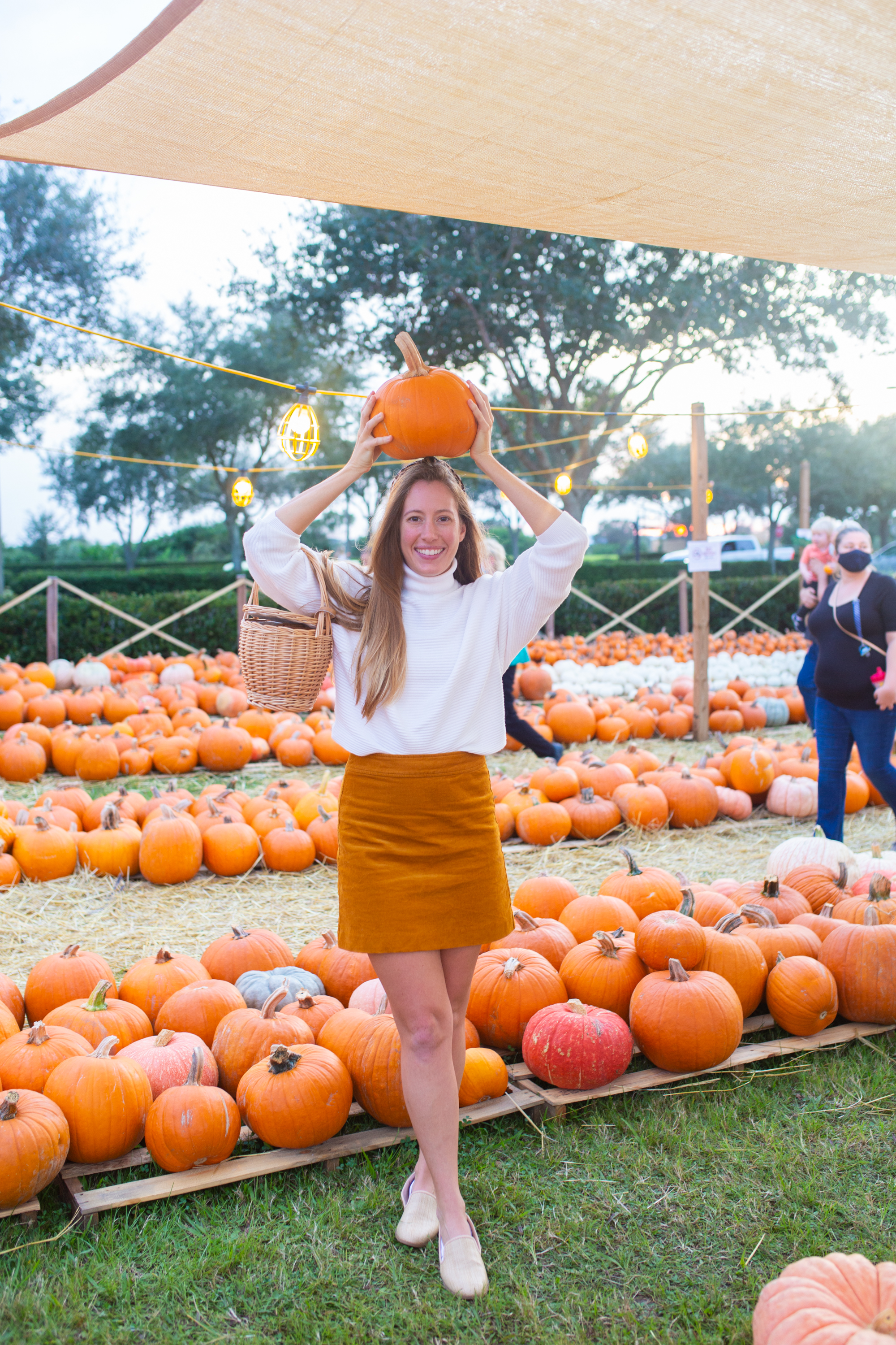 Fall Transition Outfit / Warm Weather Fall Outfits / Fall Outfits for Hot Weather / Florida Fall Outfits Women / Leopard Scrunchie / Corduroy Skirt / Knit Sweater / Sunshine Style - Florida Fashion Blogger By Katie 