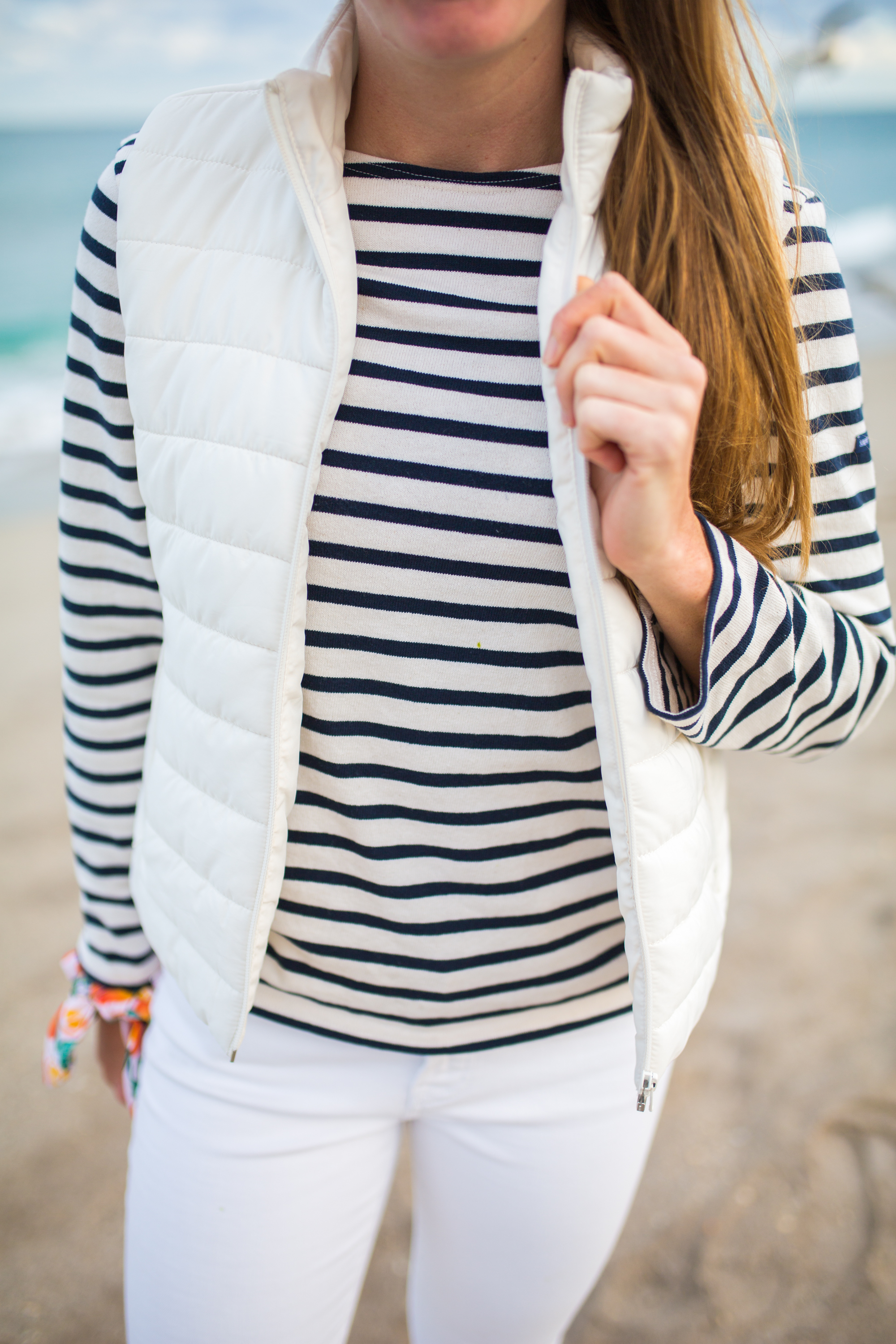 woman showing Saint James Striped Shirt  and jacket