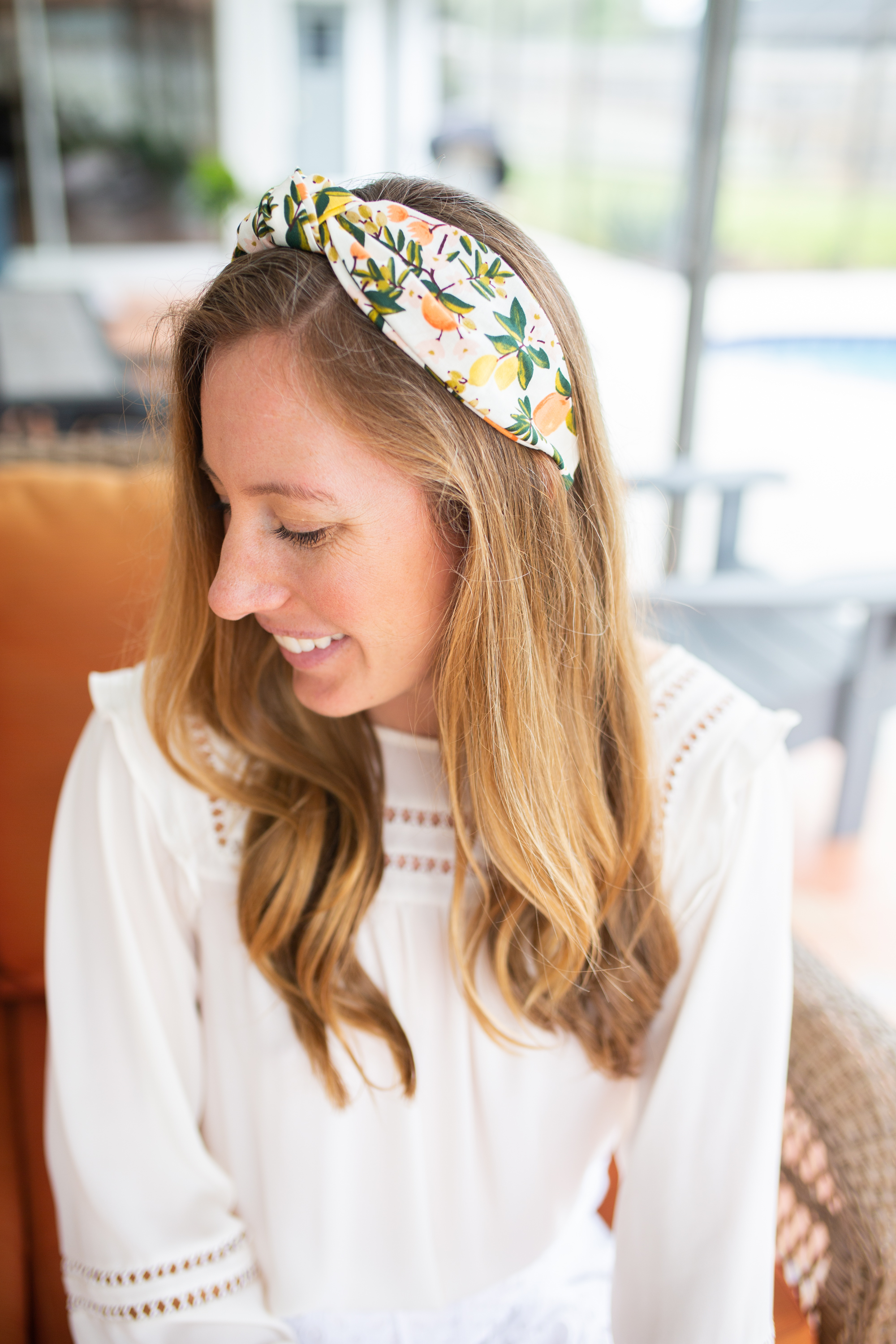 woman wearing Sunshine Style Citrus Collection headband 