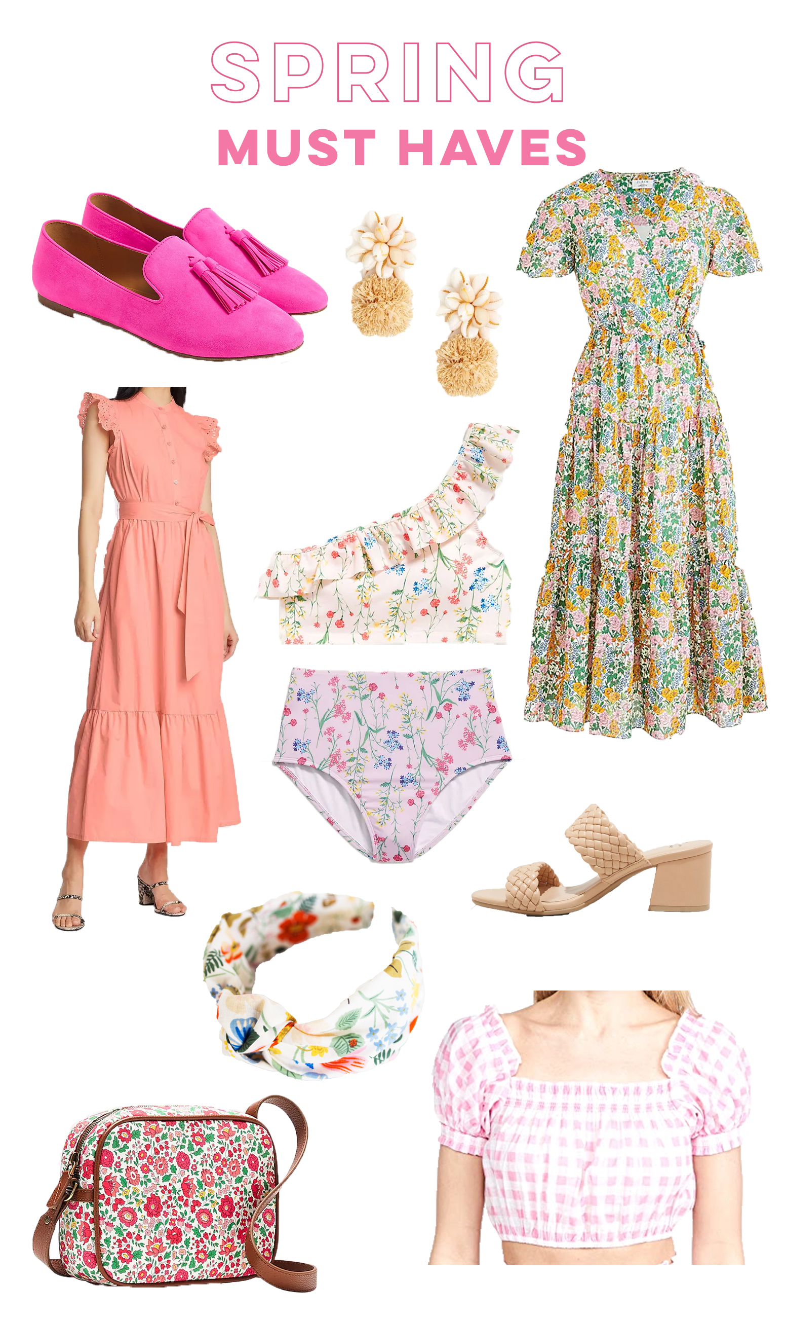 a collage of clothes, shoes, bag, and swimwear for New Spring Finds You Will Love!