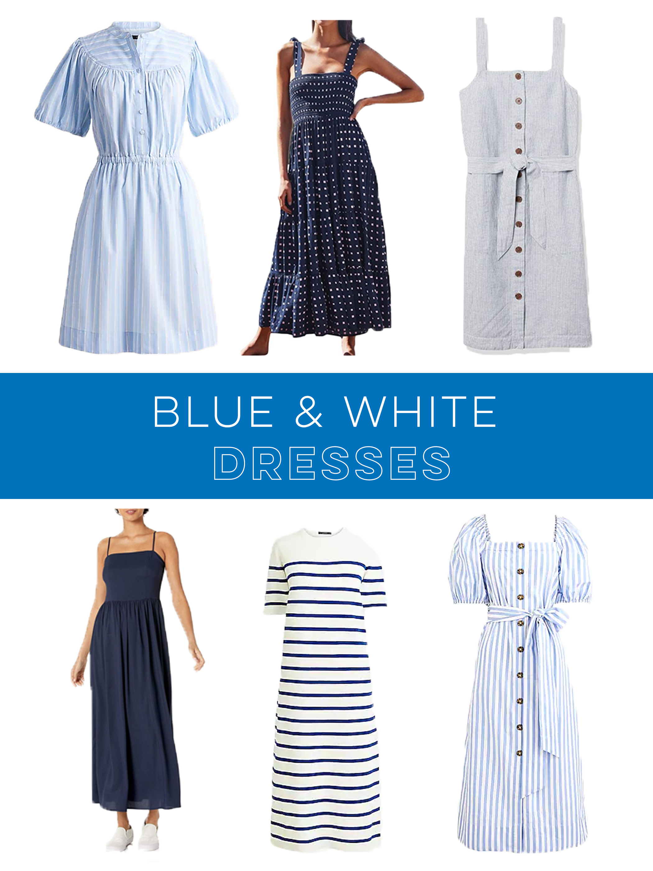 collage of Blue and White Dresses Under $100