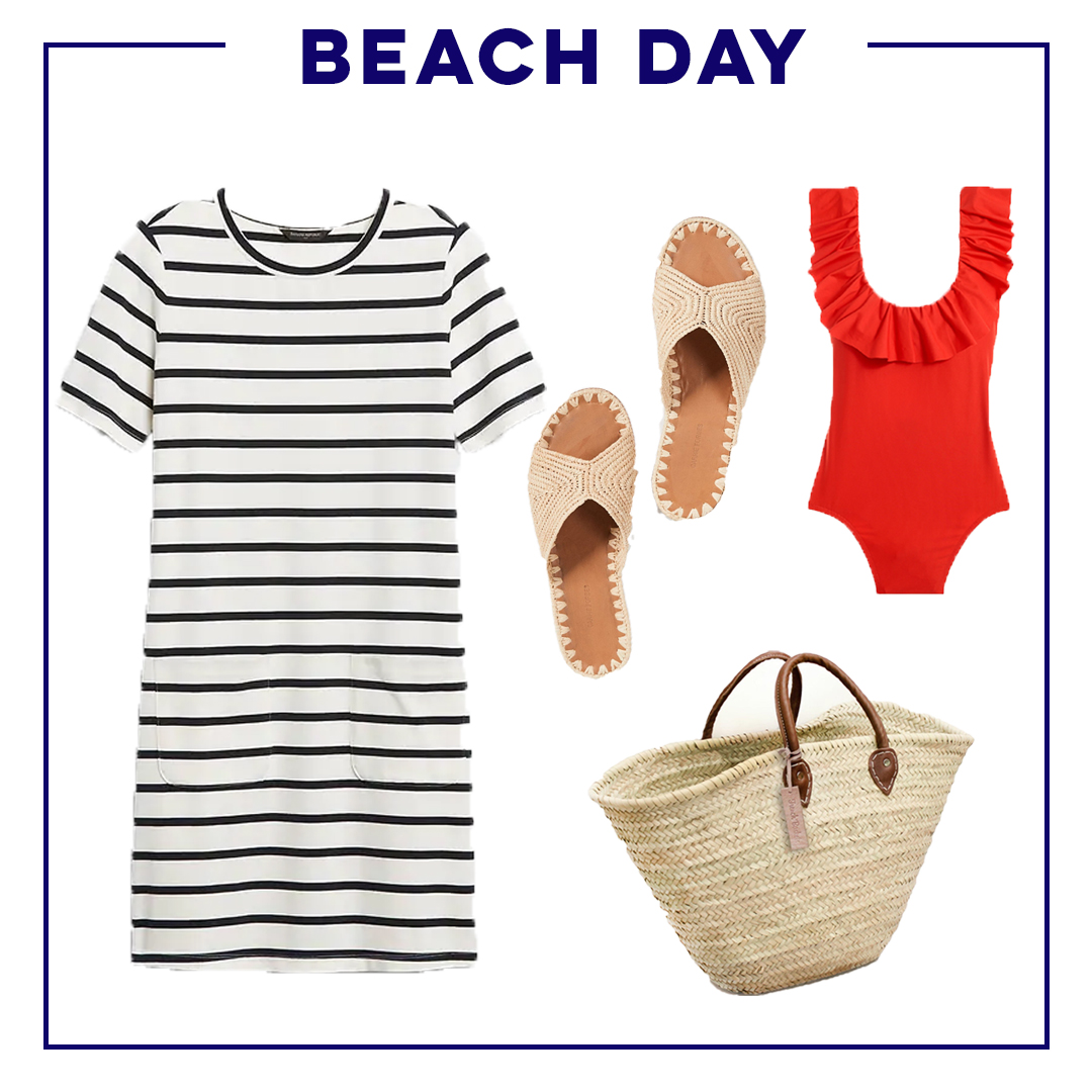 collage of beach day outfit