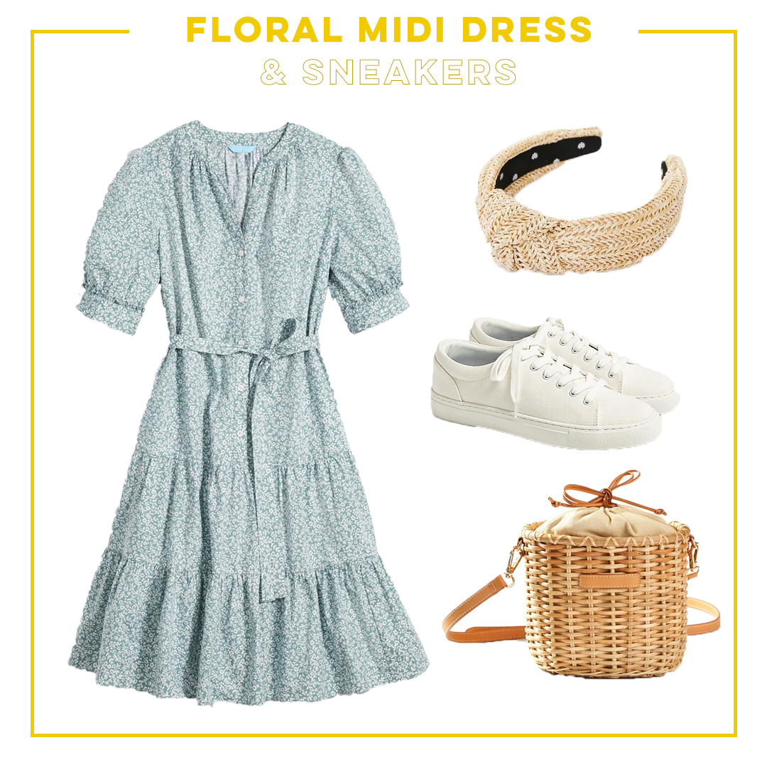 collage of floral midi dress and sneakers Summer to Fall Transition Outfits