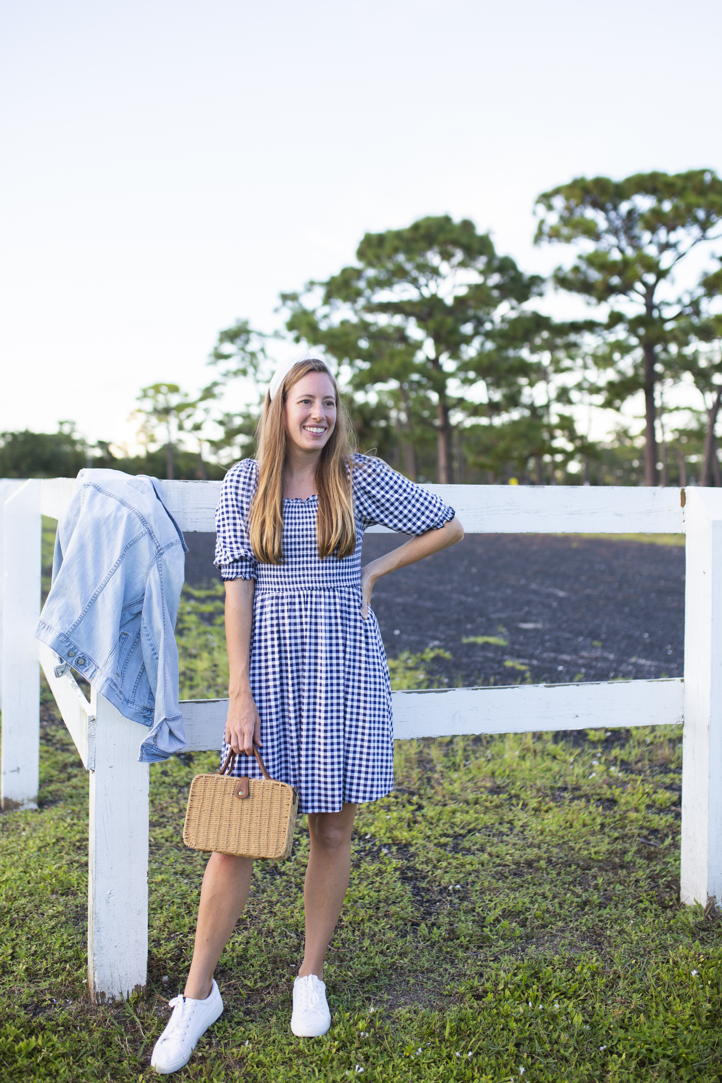 woman in Draper James Dress and denim jacket