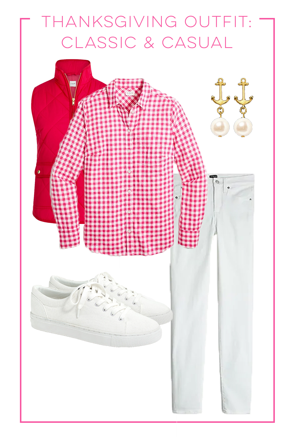 Classic Thanksgiving Outfit Ideas with white pants and sneakers, pink vest and top, and pear earrings