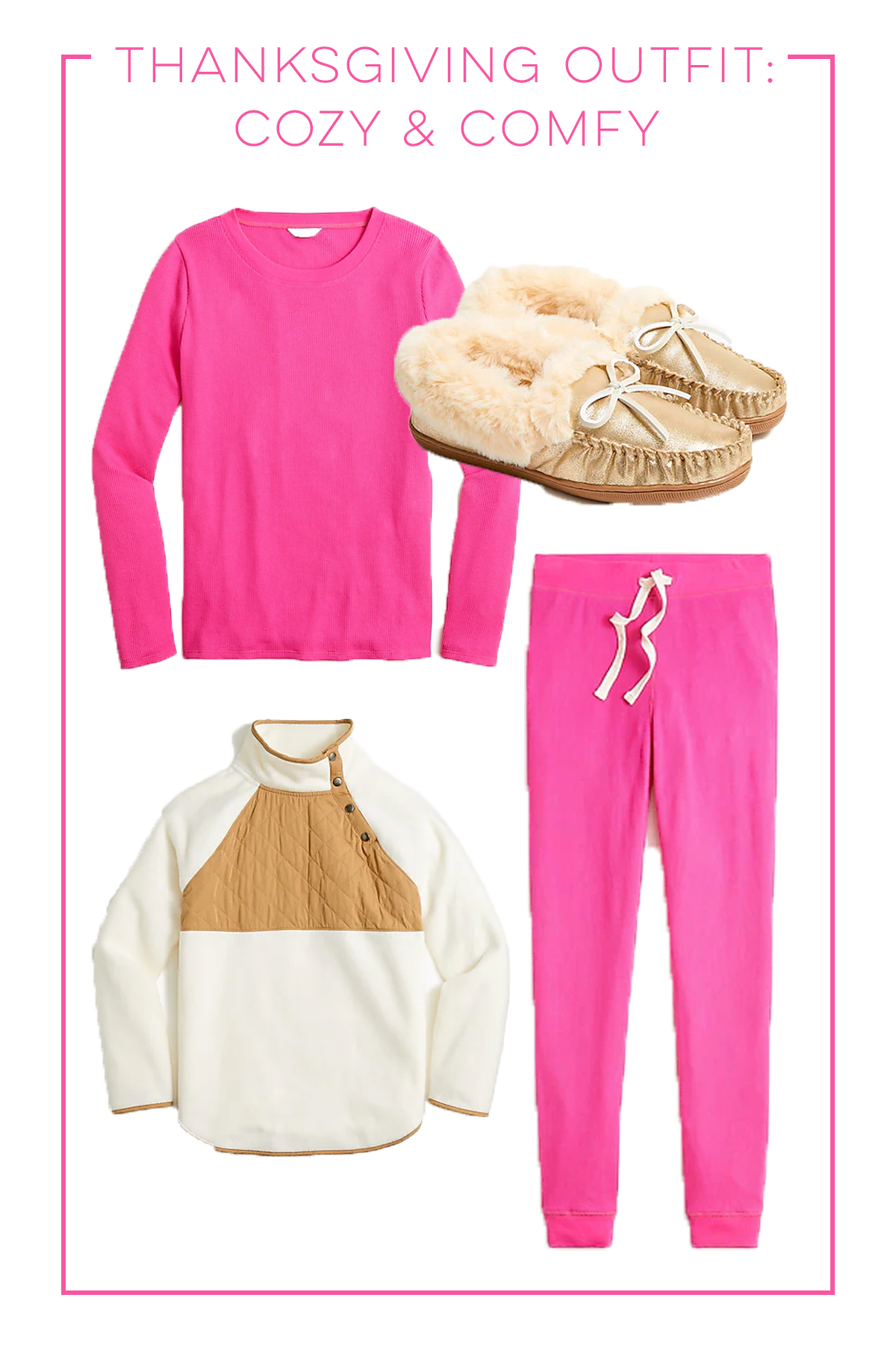 Classic Thanksgiving Outfit Ideas with pink joggers and long sleeve top, sherpa jacket, and slippers 