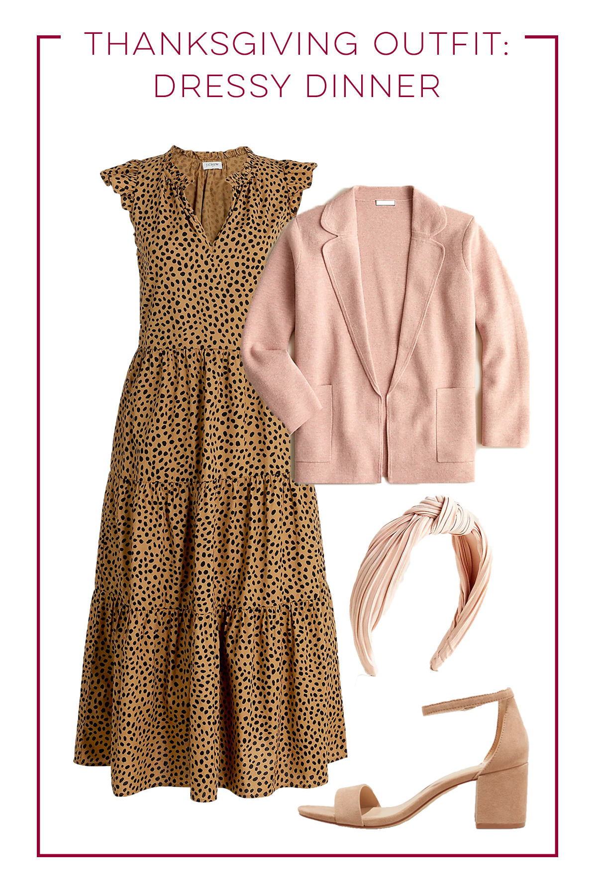 Classic Thanksgiving Outfit Ideas animal print dress, sweater blazer, headband and heels  