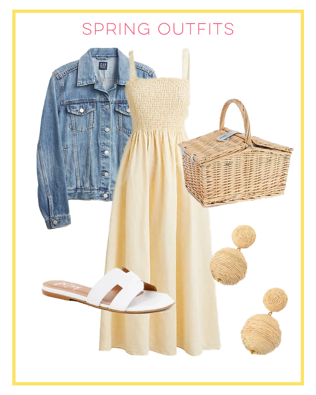 Spring Dress Outfit Ideas with yellow dress and denim jacket