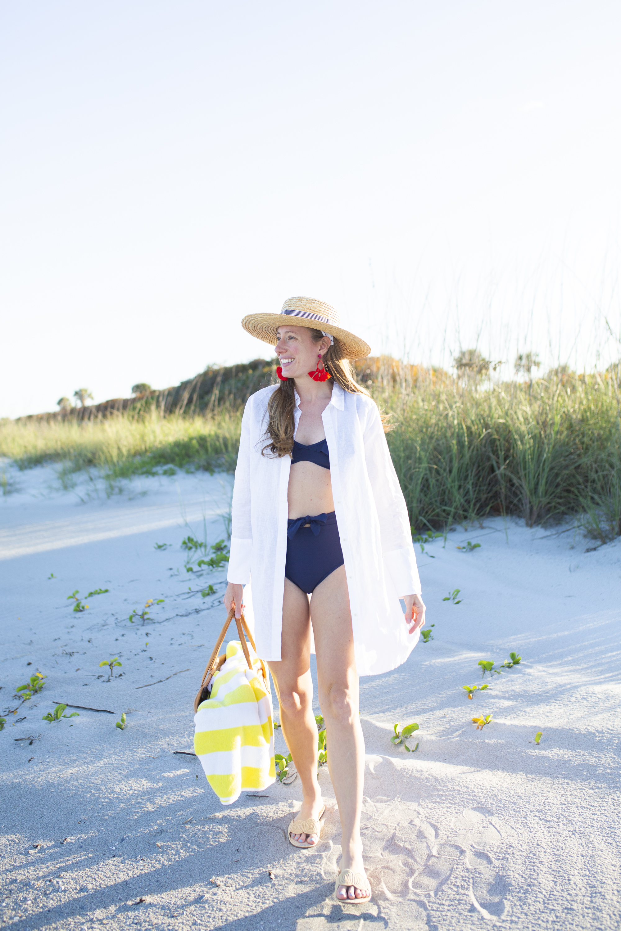J.Crew Linen Beach Cover Up Review and blue high waist swimsuit 