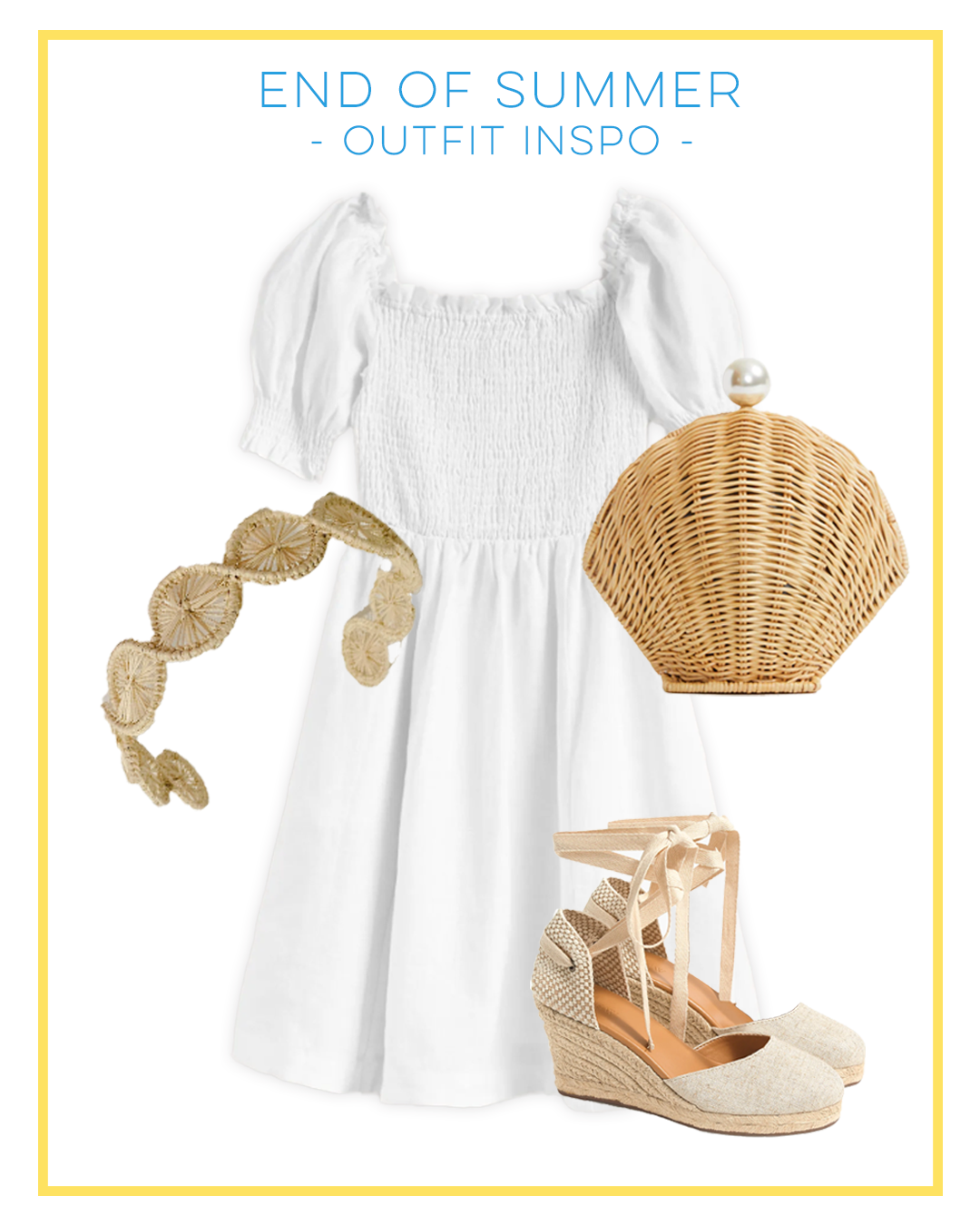 End of Summer Outfit Inspiration, White Sundress, Raffia Headband, Shell Bag and Espadrilles 