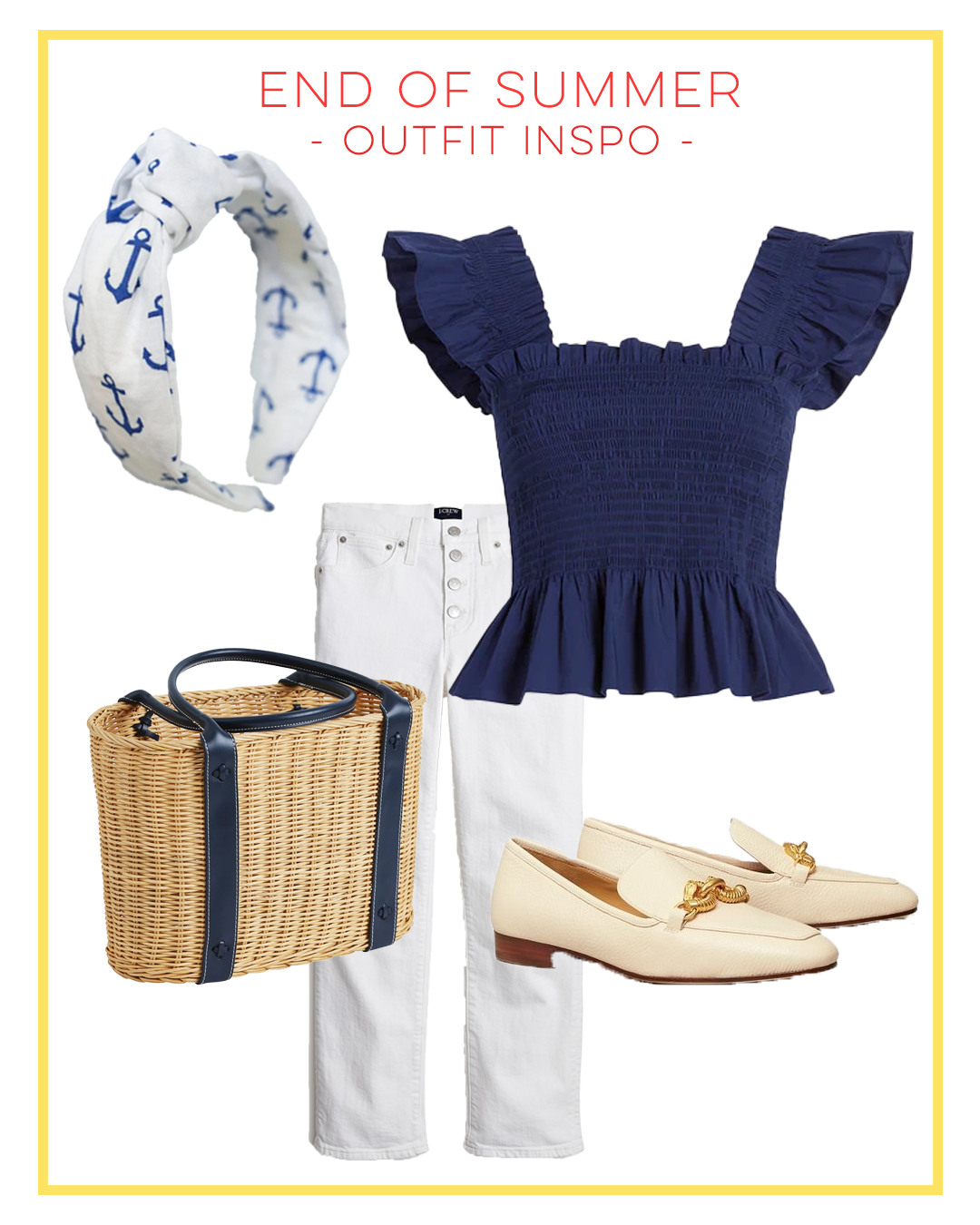 End of Summer Outfit Inspiration, Hill House Home Blue Linen Top, White Jeans, Anchor Headband, Basket Bag 