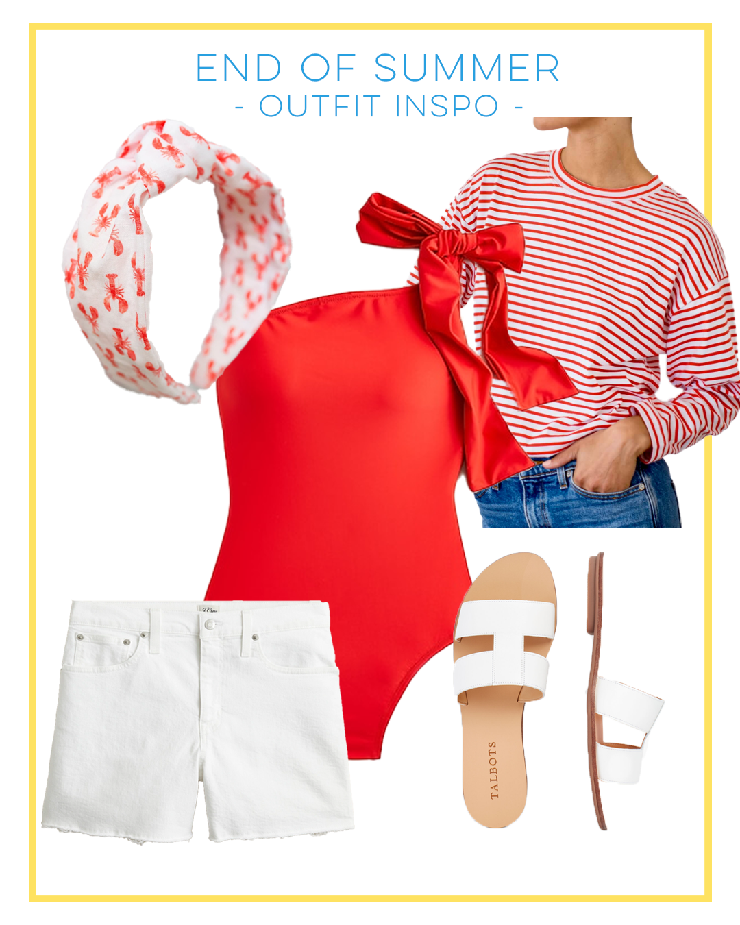 End of Summer Outfit Inspiration, Red and White Long Sleeve Striped Top, Red One Piece Swimsuit, White shorts, Sandals and a Lobster Headband 