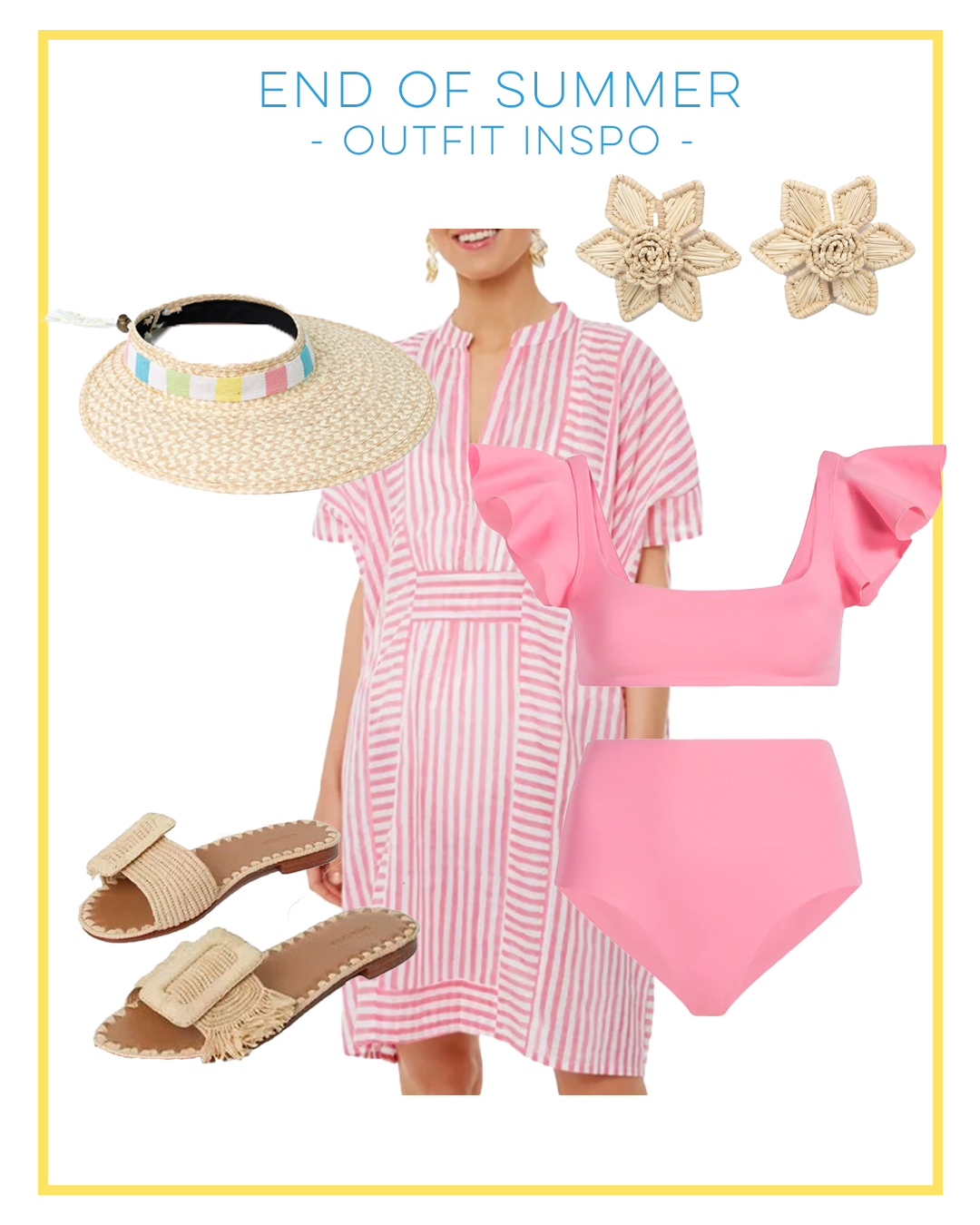 End of Summer Outfit Inspiration, Pink and White Striped Beach Cover Up, Visor sun hat, flower earrings, raffia sandals and a Hill House Home Ruffle Sleeve High Waist Swimsuit 